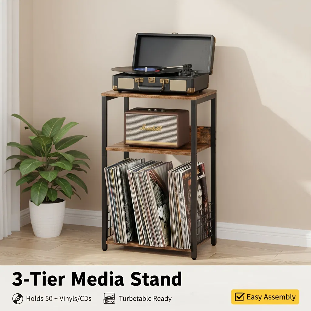 3-Tier Turntable Stand with Vinyl Storage for 100 Albums, Combined CD & DVD Racks, End Side Table for Living Room photo 2