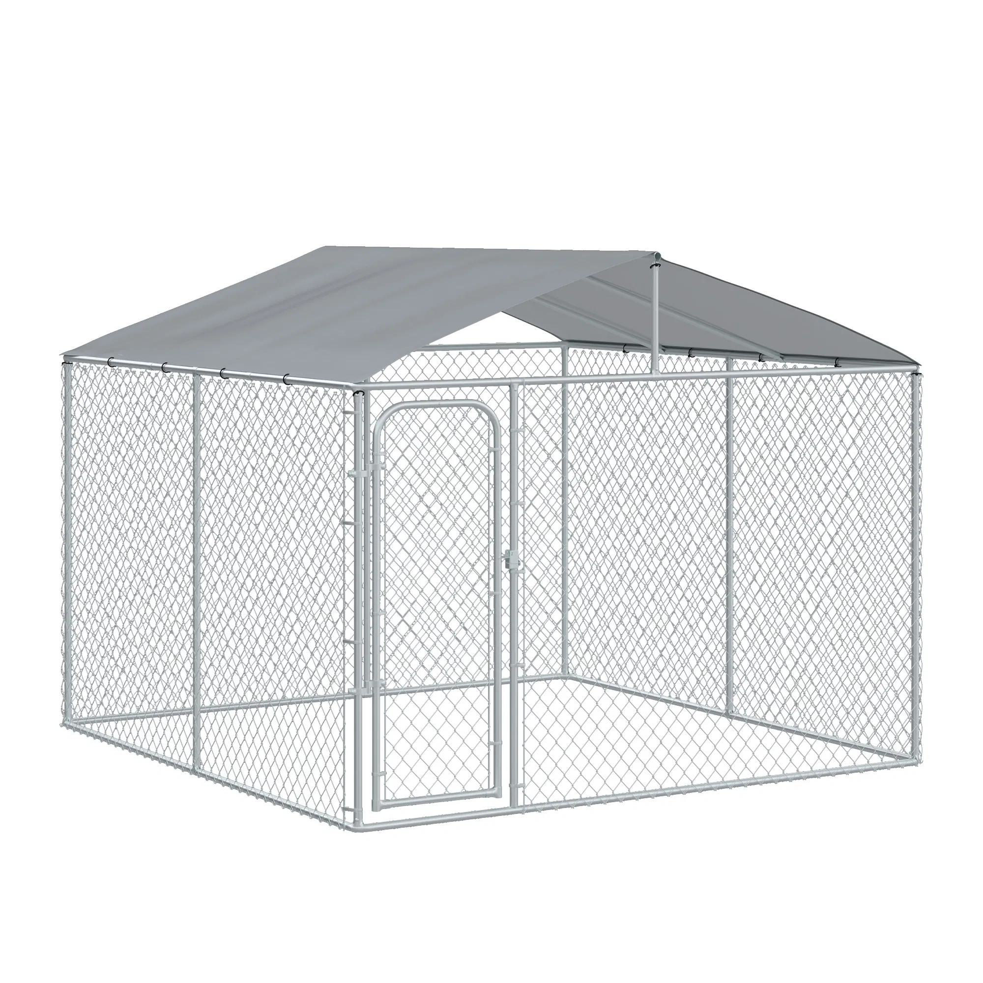 Dog Kennel Outdoor Run Fence with Roof, Steel Lock, Mesh Sidewalls for Backyard & Patio, 9.8' x 9.8' x 7.7' photo 1