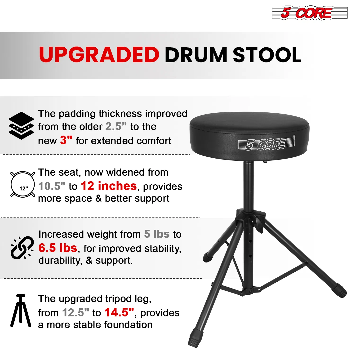 5 Core Drum Throne 3" Thick Padded Memory Foam Comfortable Drummer Stool 330Lb Capacity Adjustable photo 6