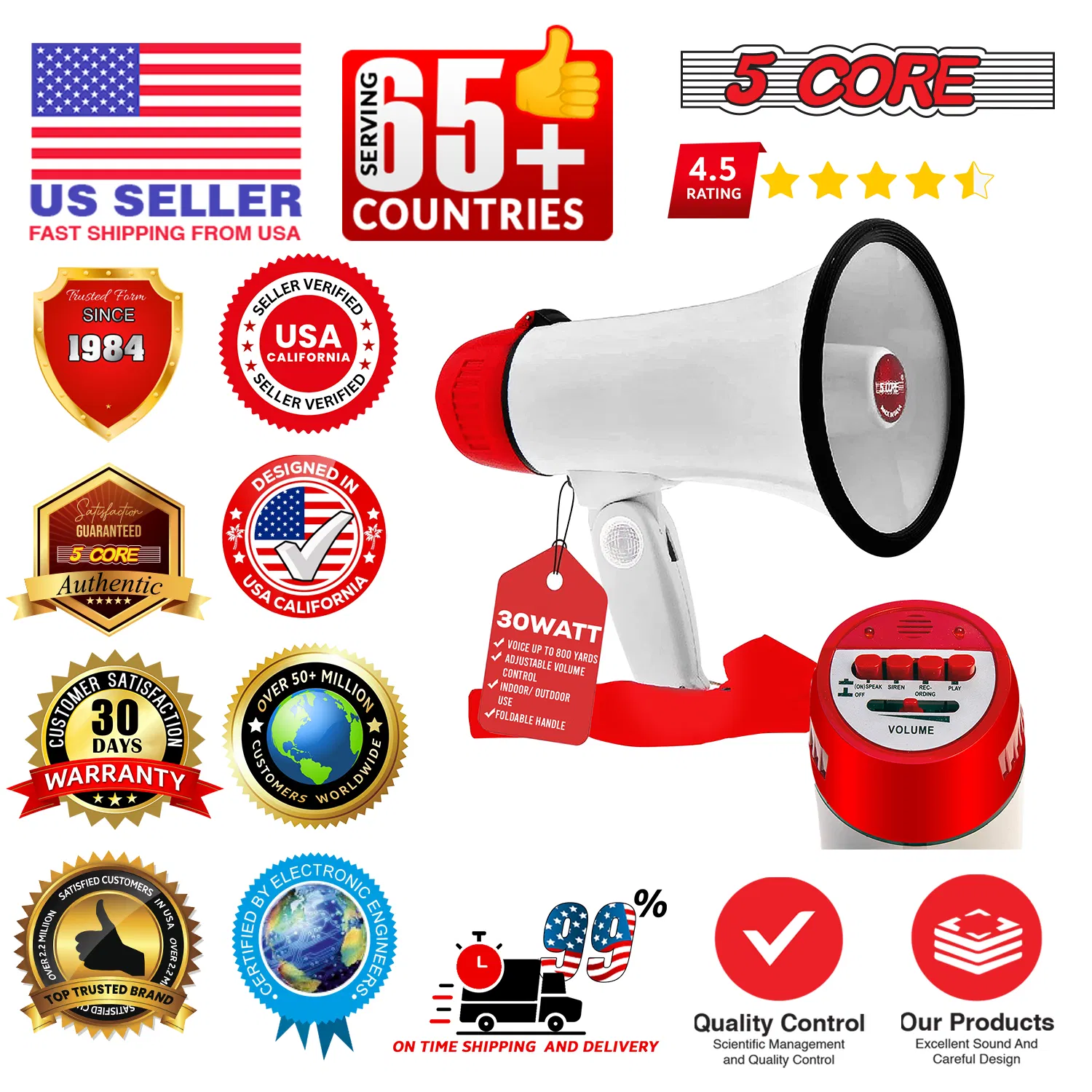 5 Core Megaphone 30W Bull Horn PA Speaker w 800 Yards Range Loud Siren Voice Amplifier Portable photo 7