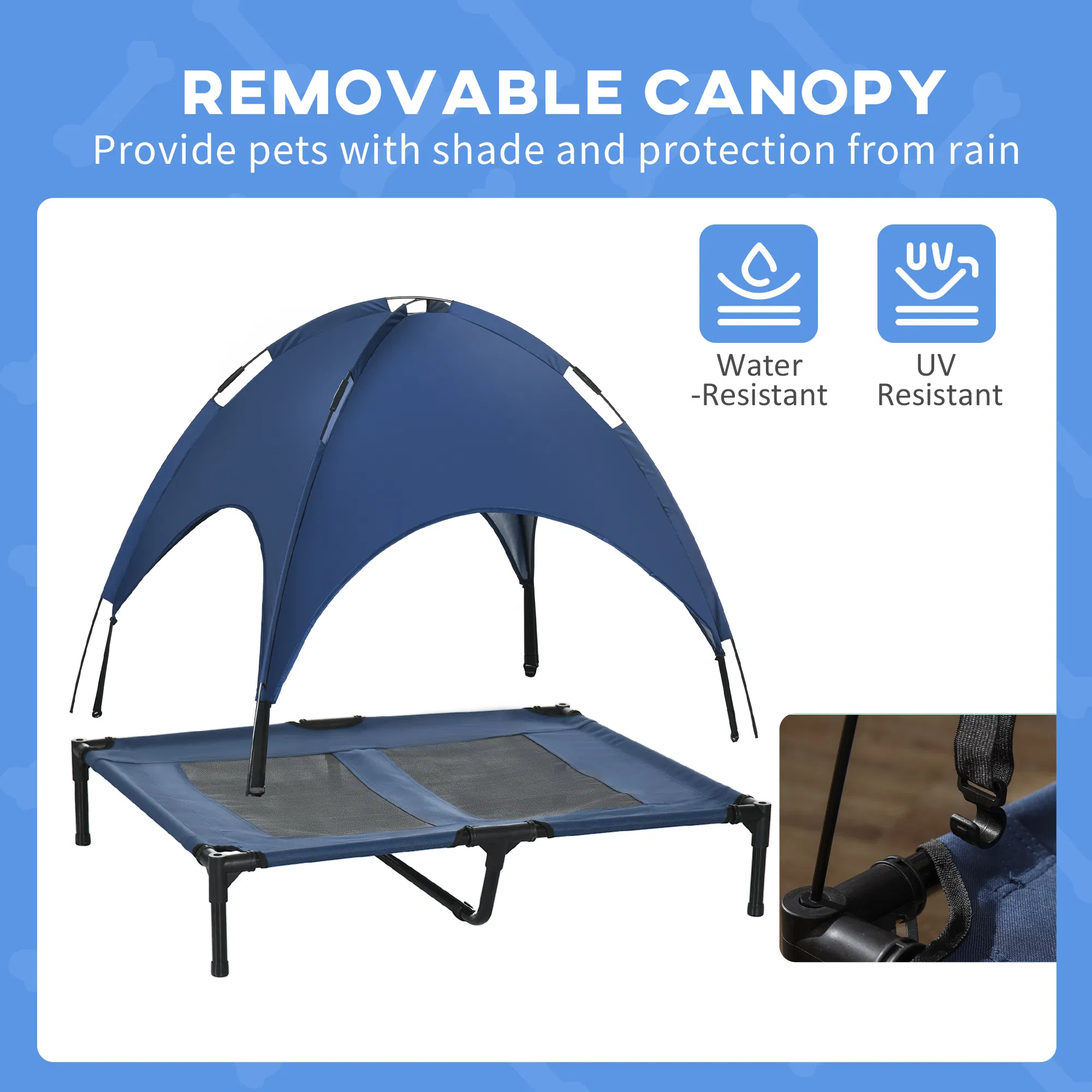 Elevated Dog Bed with Canopy, Portable Raised Dog Cot for L Sized Dogs, Indoor & Outdoor, 36" x 30" x 35", Dark Blue photo 6