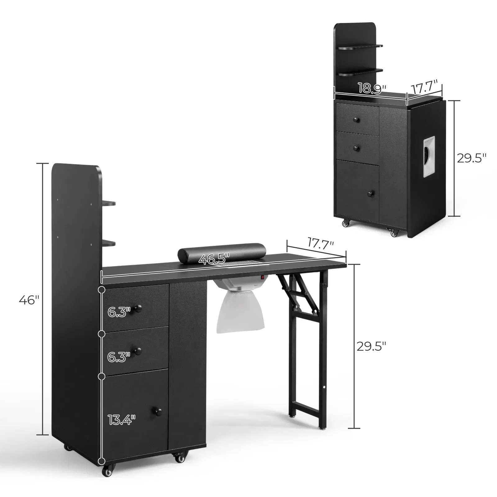 Black MDF Folding Nail Desk with 2 Drawers, Cabinet Door & Storage Shelf photo 2