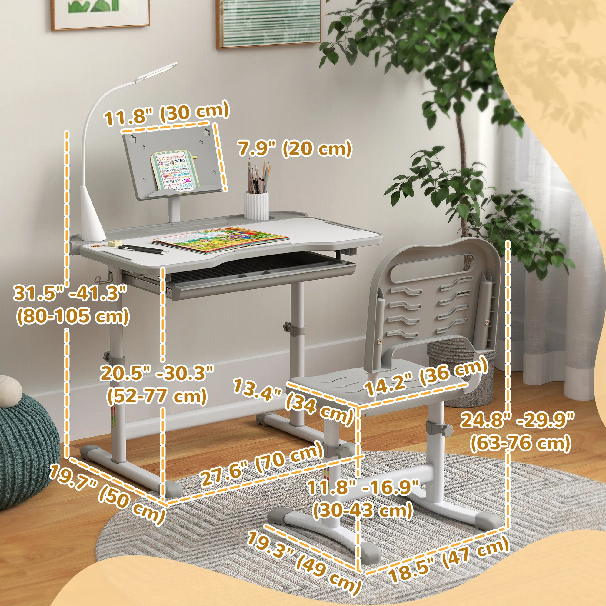 Kids Desk and Chair Set Height Adjustable Student Writing Desk Children School Study Table with Tilt Desktop, Grey photo 3