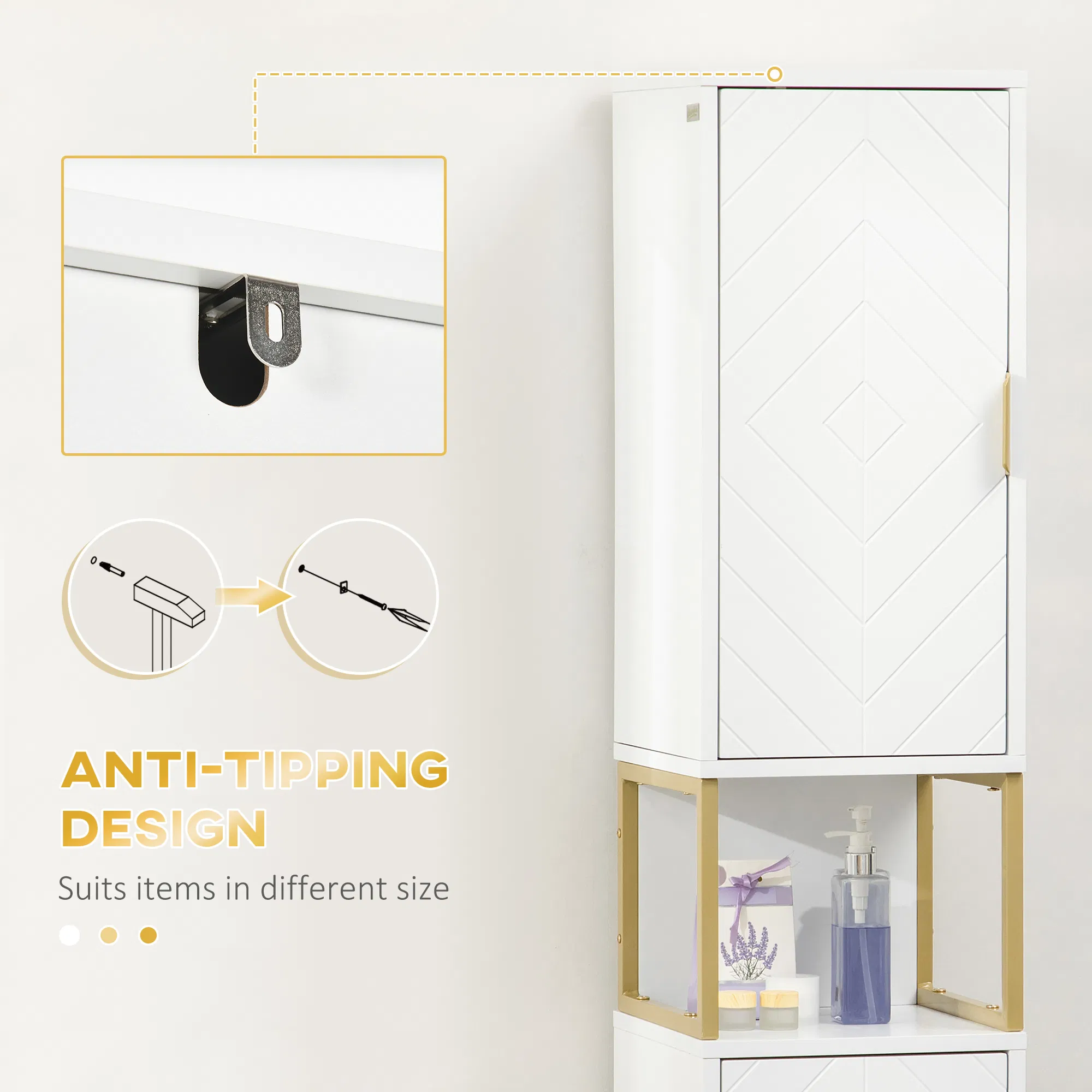 Tall Bathroom Storage Cabinet, Modern Narrow Bathroom Cabinet with Diamond Chevron Pattern and Adjustable Shelf, White photo 4