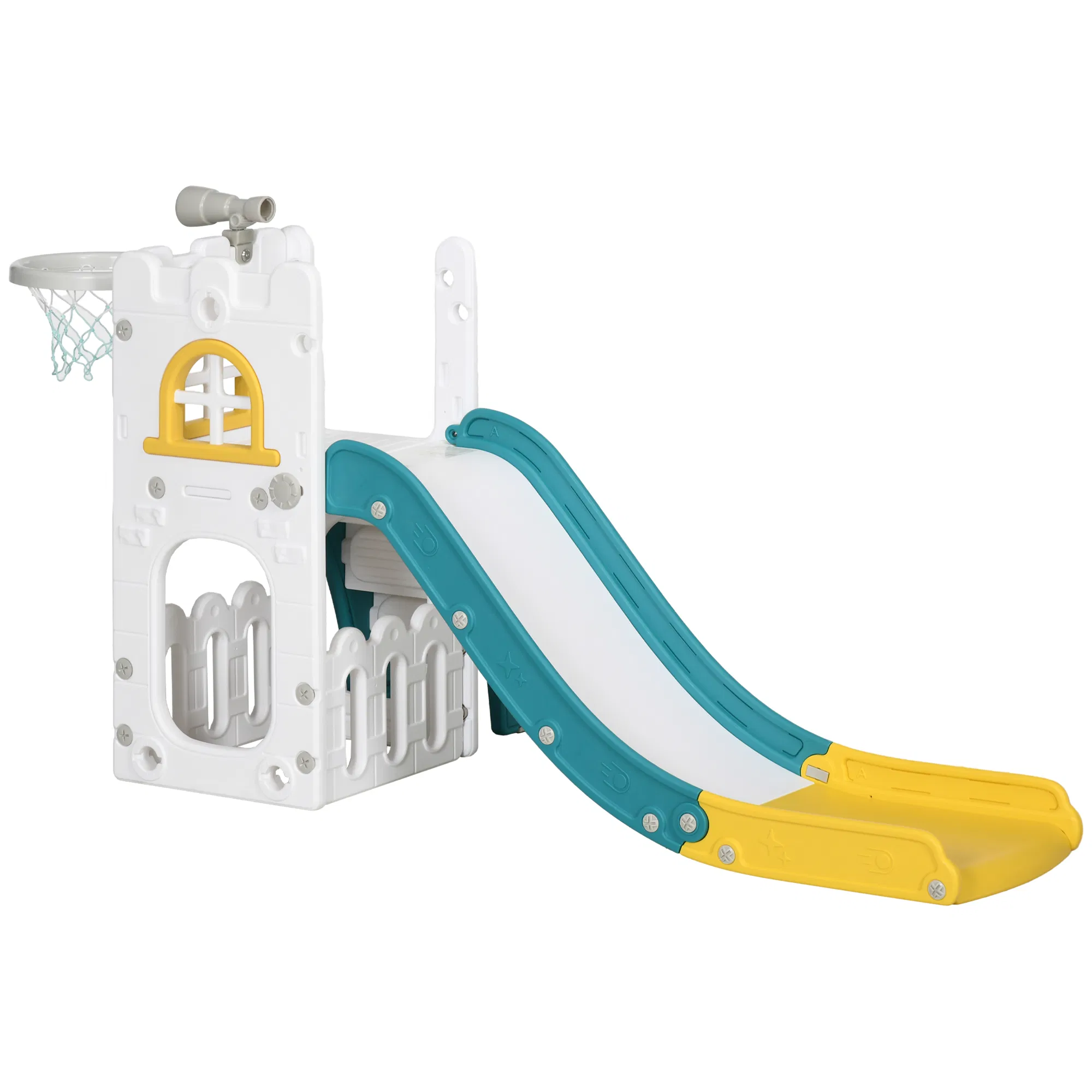 4 in 1 Toddler Slide with Basketball Hoop, Climber, Telescope, Storage Basket, for 1-3 Years Kids Indoor Use, Yellow photo 1