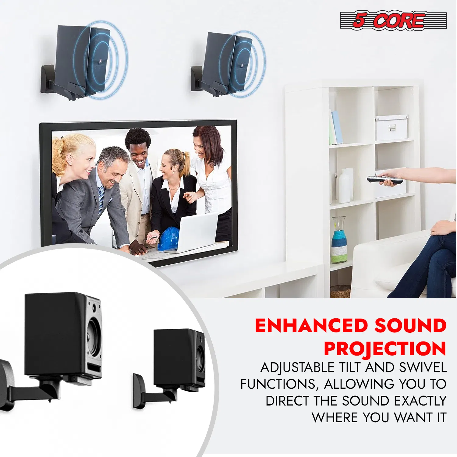 5 CORE Speaker Wall Ceiling Mount Stand 2Pcs Black Sturdy Speaker Mounting Bracket w Adjustable Swivel Tilt Retractable Telescopic Arm for Surround Sound Satellite Speakers photo 3