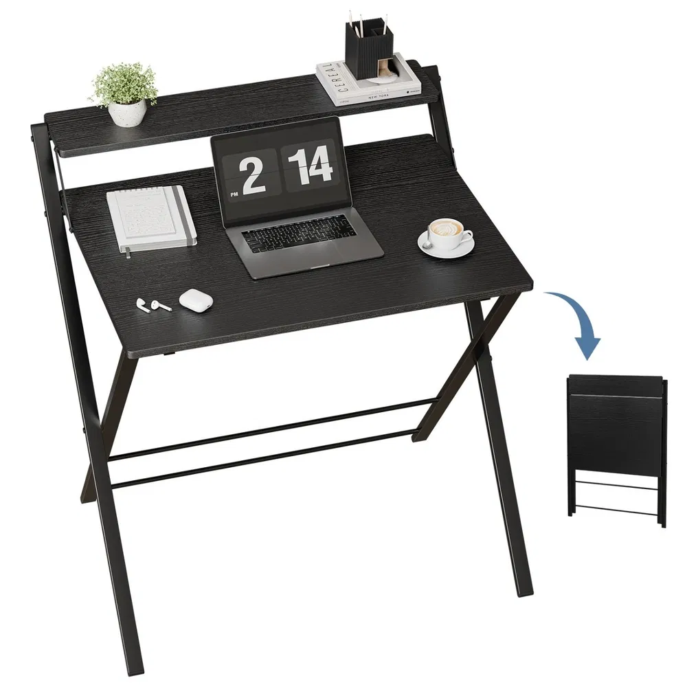 Small Folding Desk with Shelf, No-Assembly Foldable Computer Table for Tight Spaces, Portable Writing Desk for Office Dorm Apartment, Space Saving And Sturdy Metal Frame photo 8