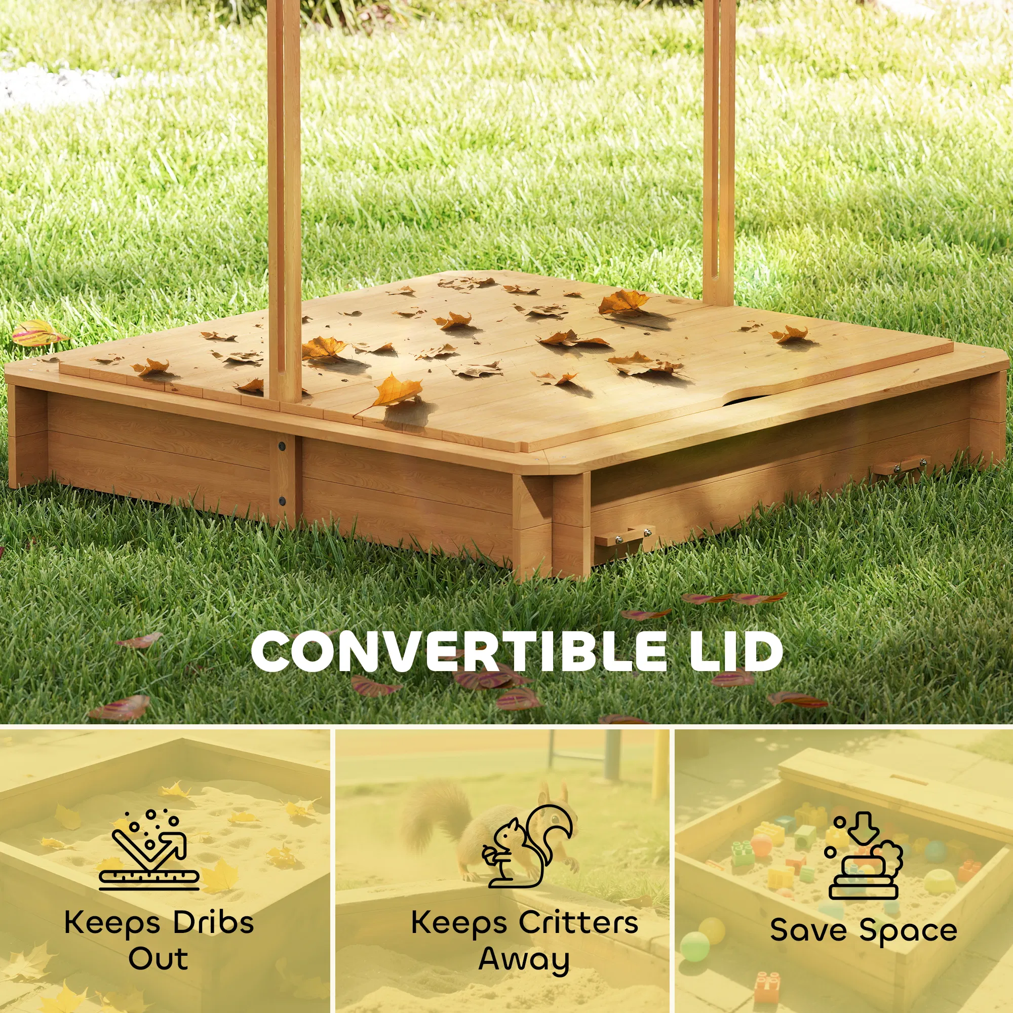 Wooden Kids Sandbox with Cover, Sand Play Station with Foldable Bench Seats and Adjustable Canopy, Light Brown photo 4