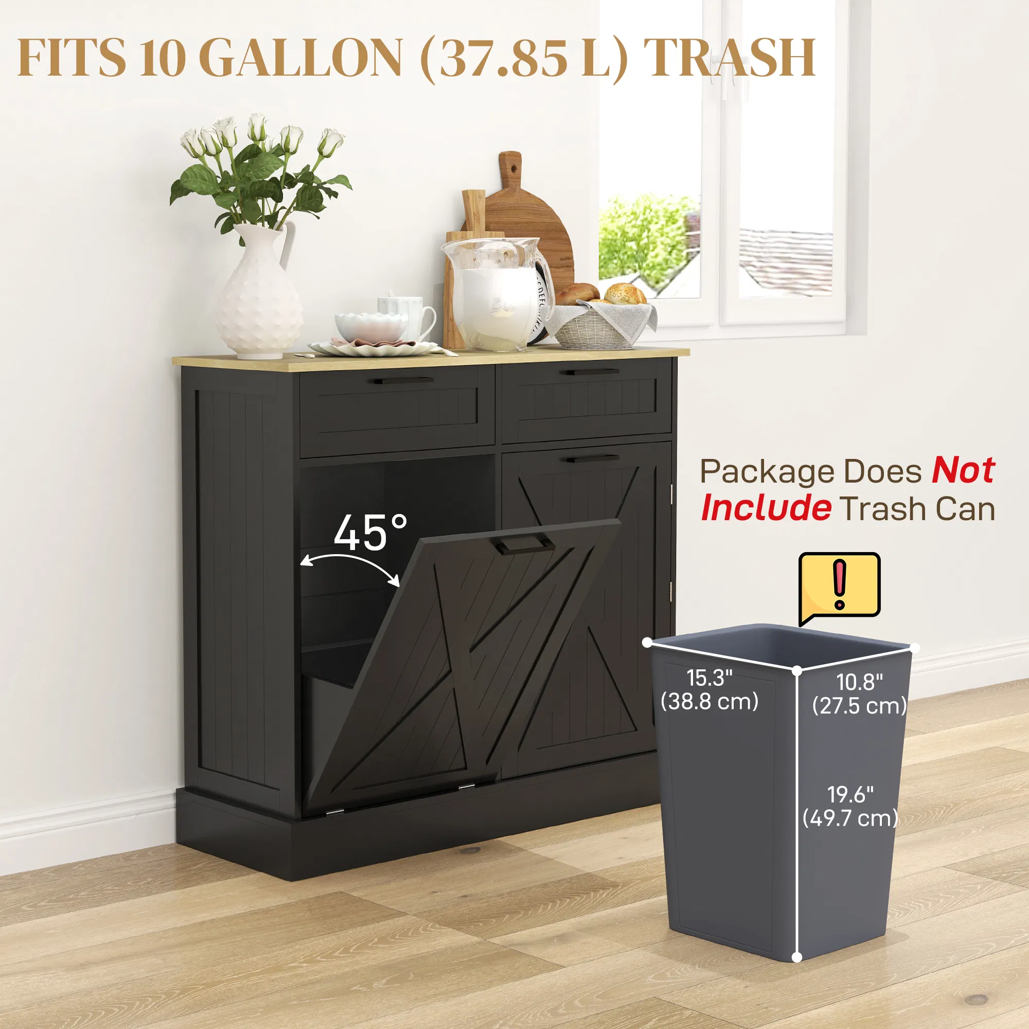 10 Gallon Hidden Garbage Bin Cabinet, Tilt Out Trash Cabinet w/ 2 Drawers, Freestanding Kitchen Island, Black photo 2