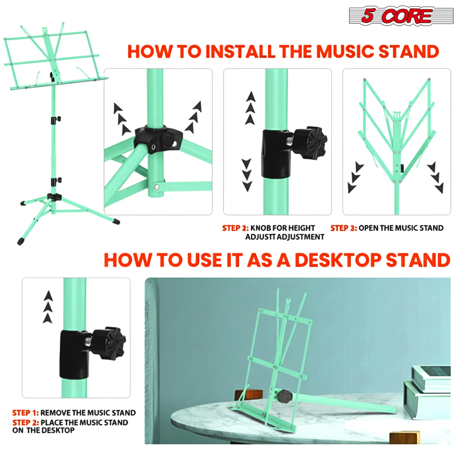 5 Core Music Stand Adjustable Desktop Book Stands Portable Sheet Holder All Metal Foldable Bookstand photo 8