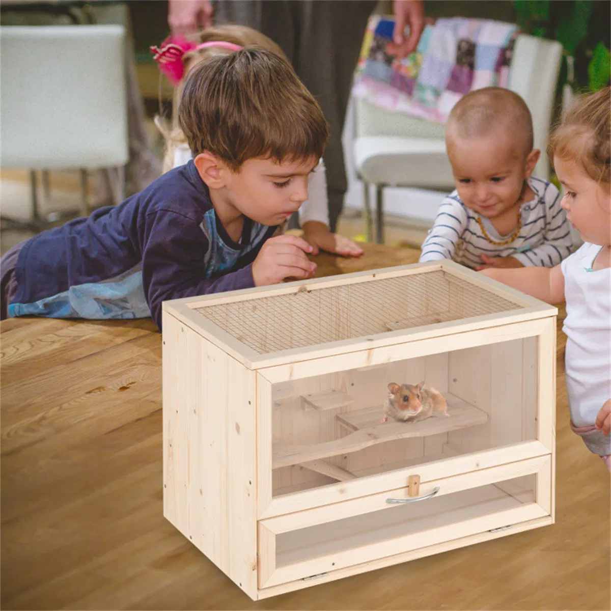 Fir Wood Hamster Cage with Flip Roof, Multi-Ladder Activity Areas for Guinea Pigs Hedgehogs photo 6