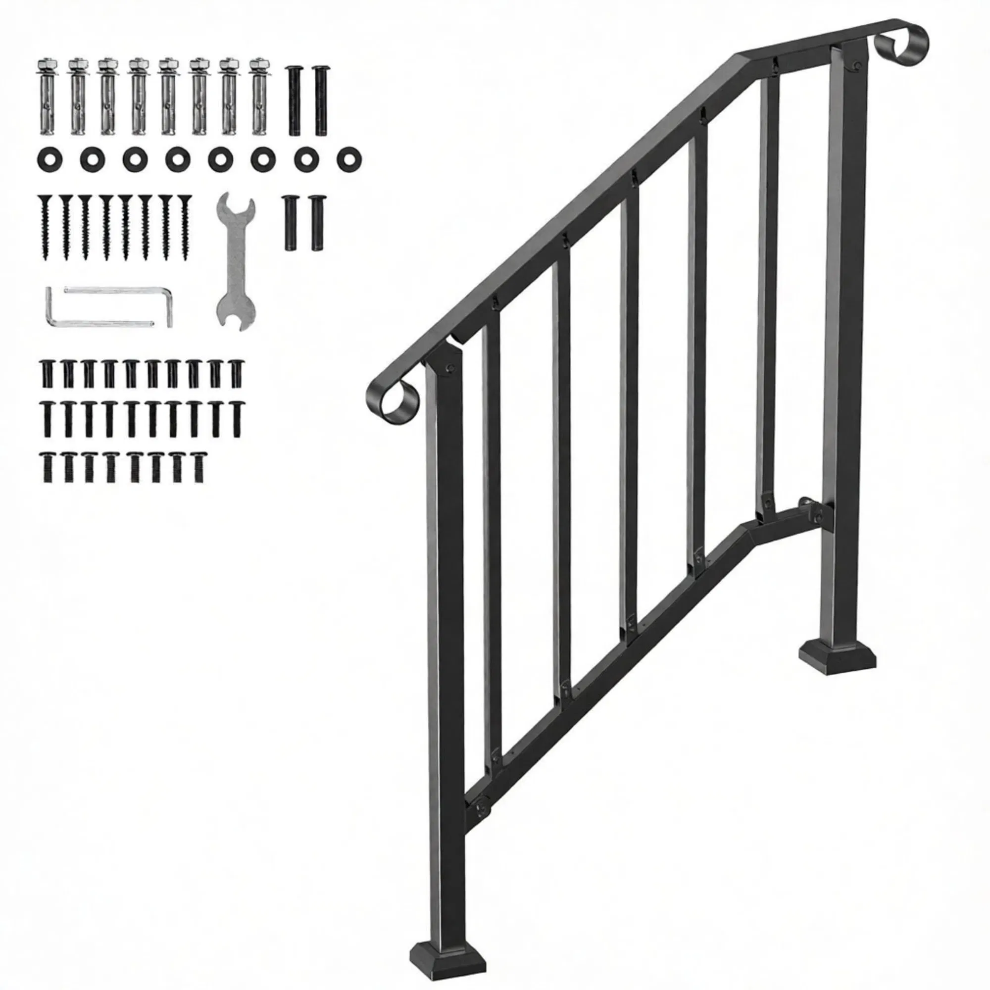 2-3 Step Outdoor Stair Handrail Kit, Black Retro Arch Carbon Steel Railing with Installation Kit photo 3