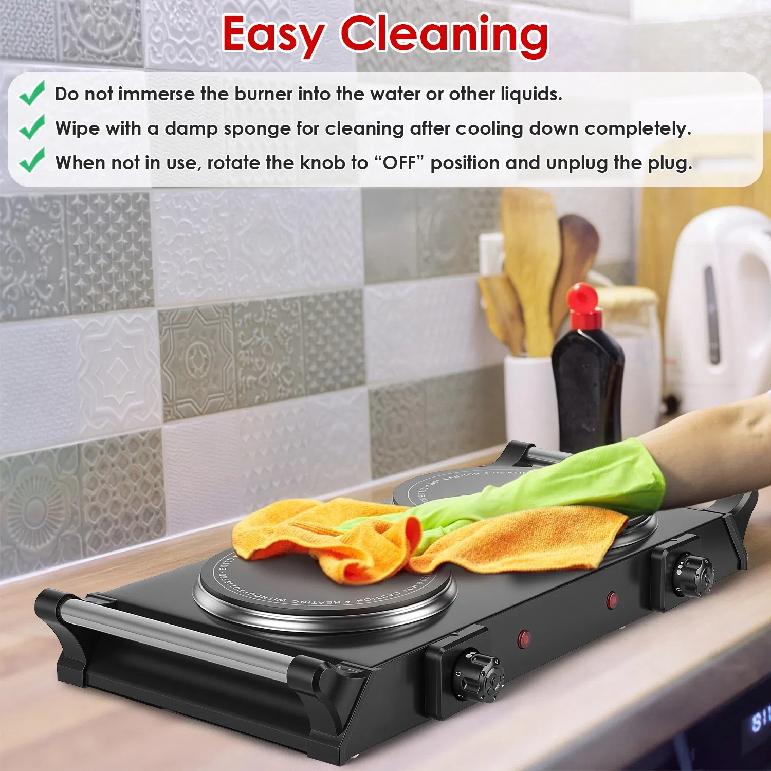 Dual Hot Plate Electric Cooktop - 800W+1000W Power, 6.3in+7.5in Silicon Crystal Glass Plates, 5 Stepless Heating Gears, Thermostat Control & Easy Cleaning, Portable for Dorms/RVs/Camping photo 4