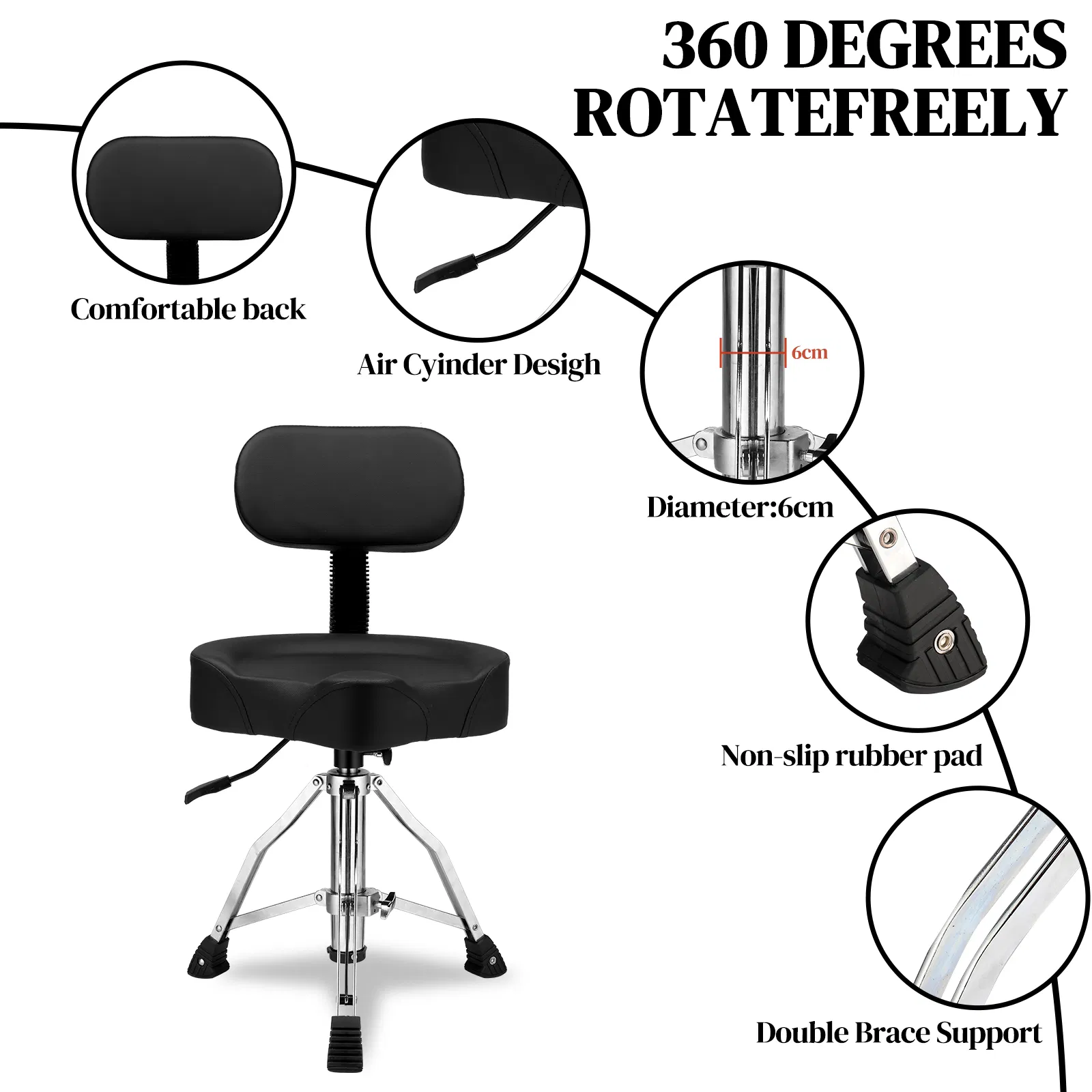 Drum Throne with Backrest, Hydraulic Drum Stool Adjustable Height, Heavy Duty Hydraulic Drum Seat Saddle Design for Drummers Black photo 4