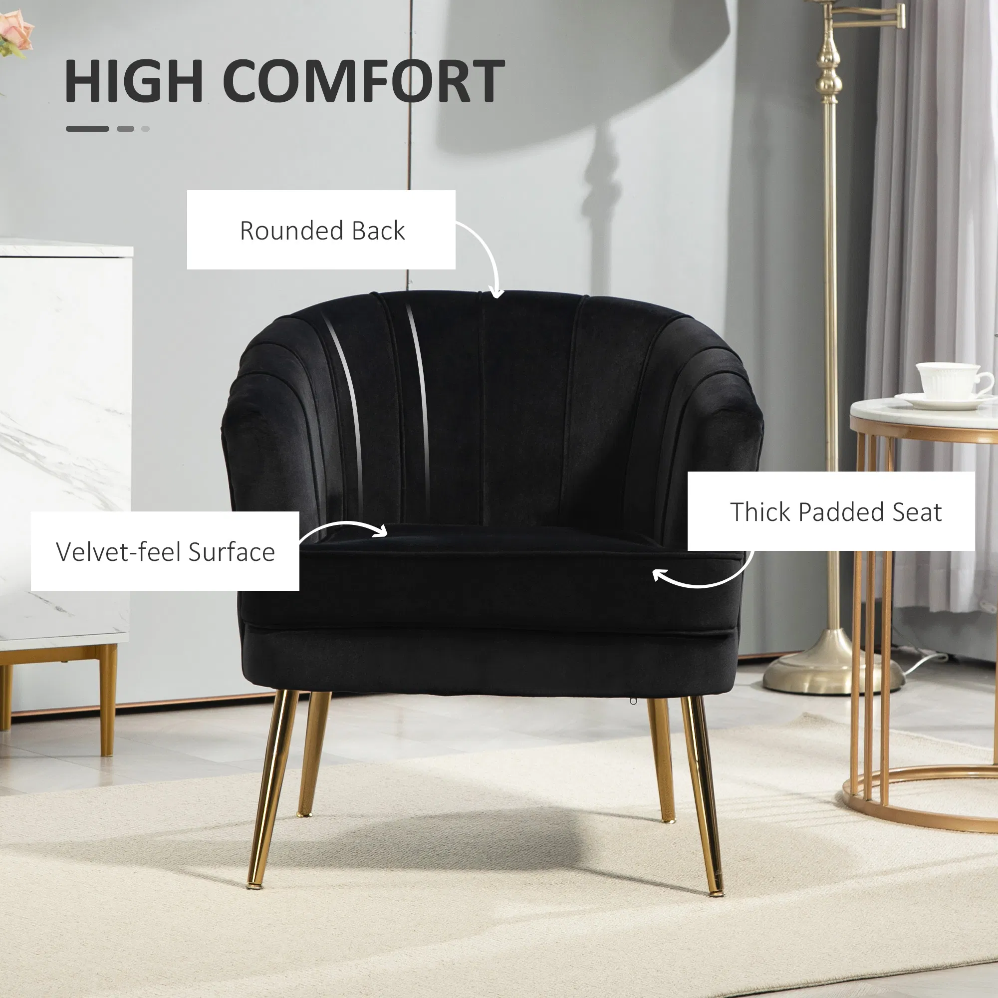 Fabric Armchair, Modern Accent Chair with Gold Metal Legs for Living Room, Bedroom, Home Office, Black photo 6