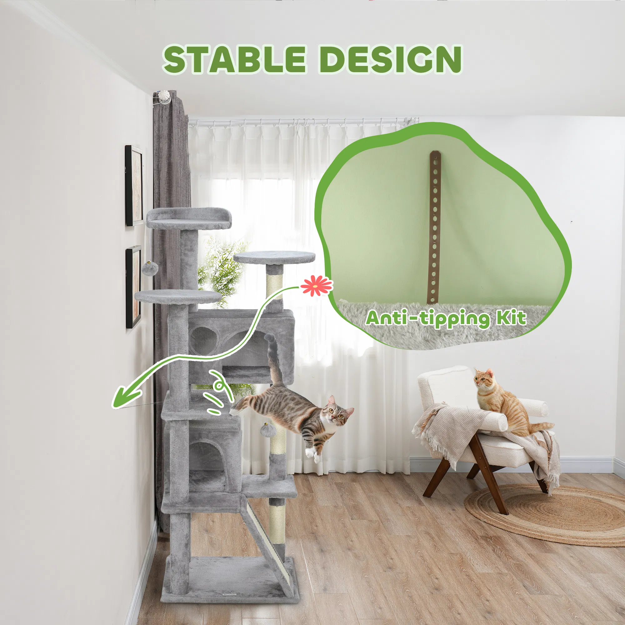 54" Cat Tree, Multi-Level Cat Tower with Scratching Posts, Cat Condos, Bed, Platforms, Ramp, Toy Ball, Light Grey photo 6