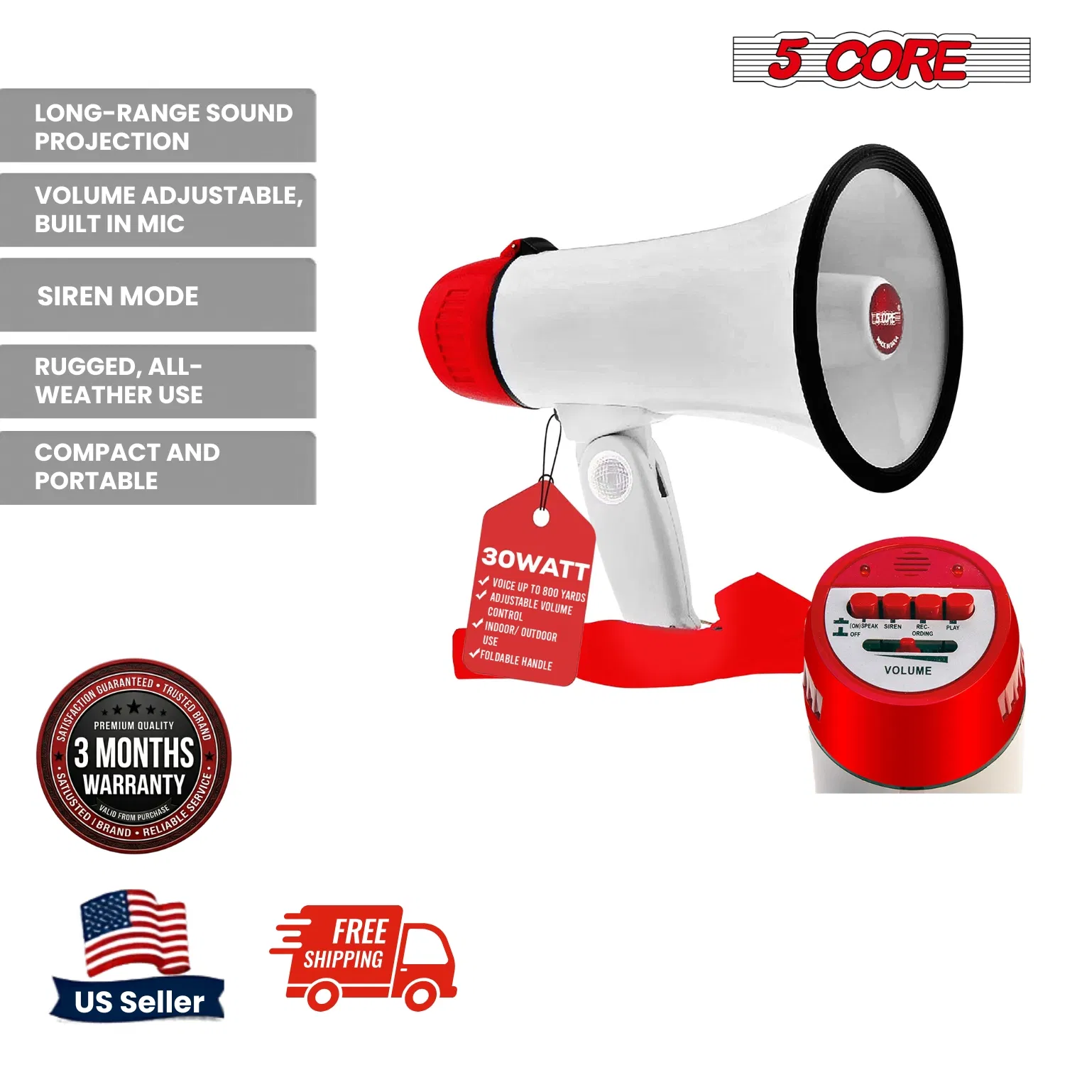 5 Core Megaphone 30W Bull Horn PA Speaker w 800 Yards Range Loud Siren Voice Amplifier Portable photo 6