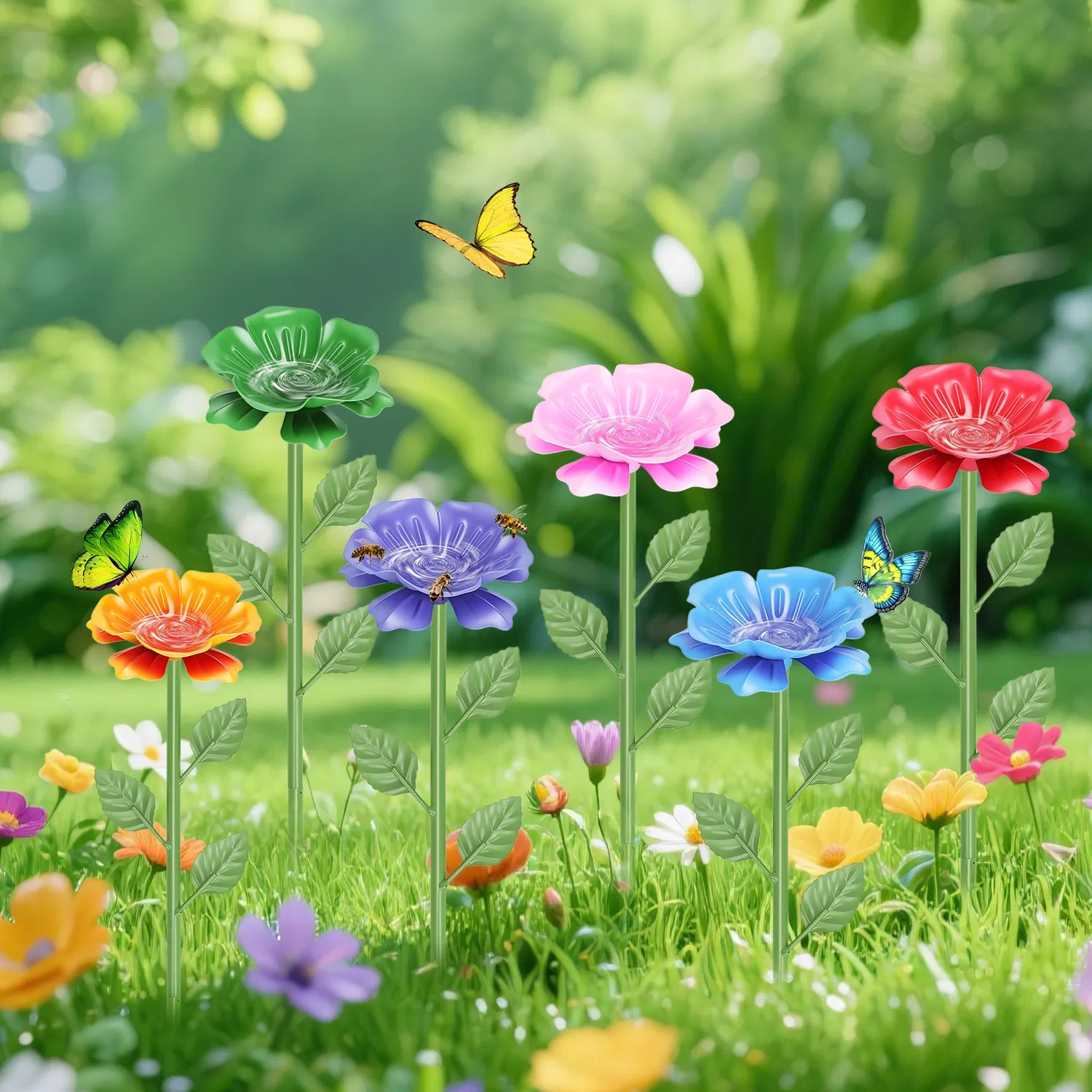 6Pack Metal Bee Watering Stations, Anti-Drowning Bee Butterfly Feeders Pollinator Stakes with Artificial Flowers for Outdoor Garden Courtyard Decor photo 6