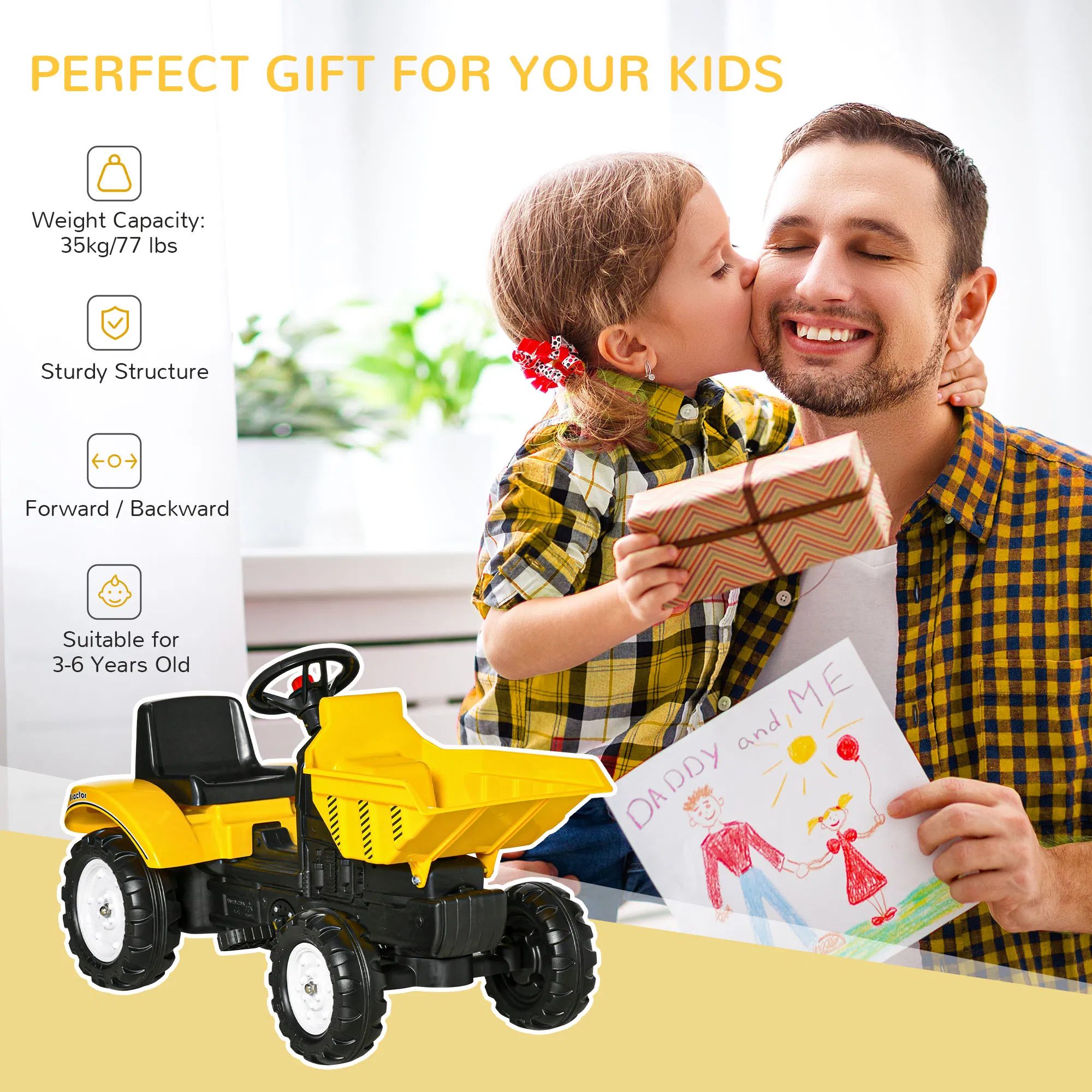Ride on Tractor for Kids, Pedal Construction Car with Manual Control Bucket for 3 Year Old, Yellow photo 6