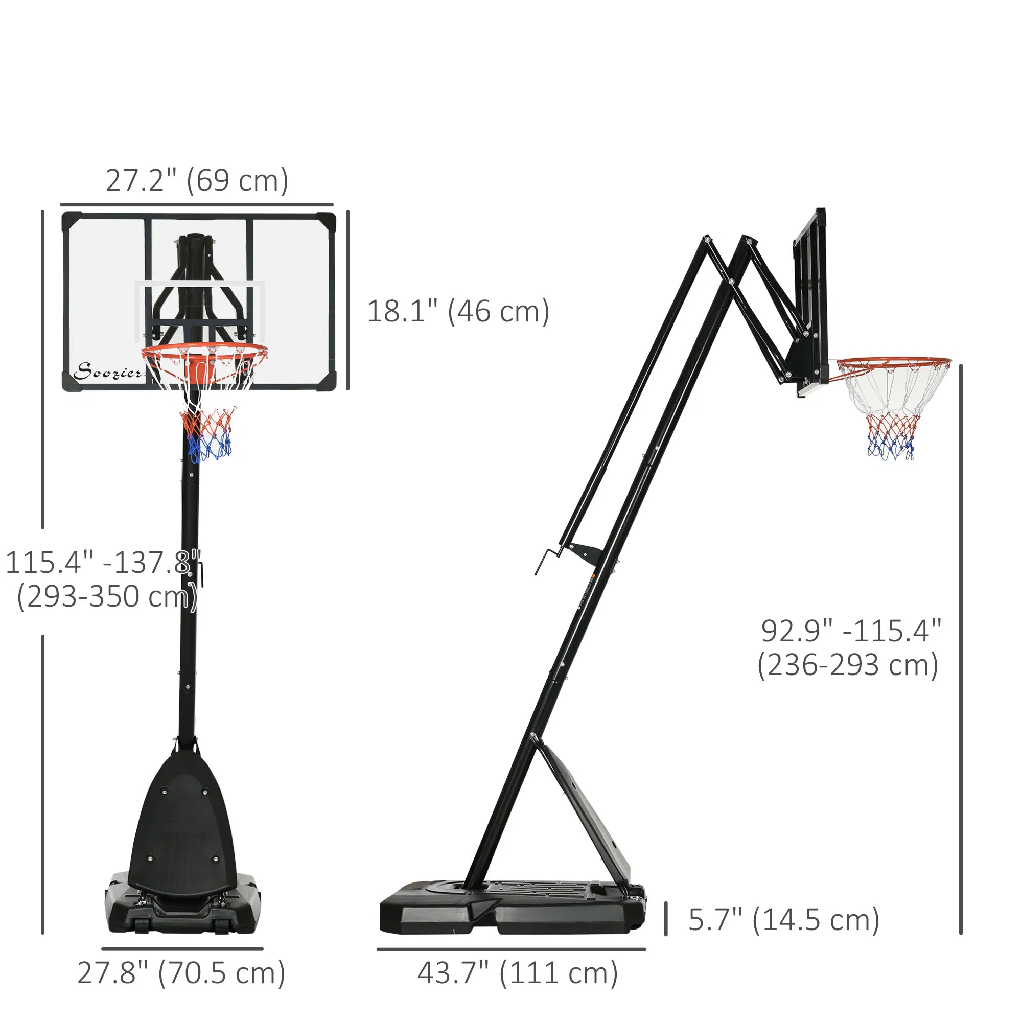 Outdoor Portable Basketball Hoop and Stand with Backboard Weighted Base Wheels, 115.4"-137.8" Height Adjustable photo 3