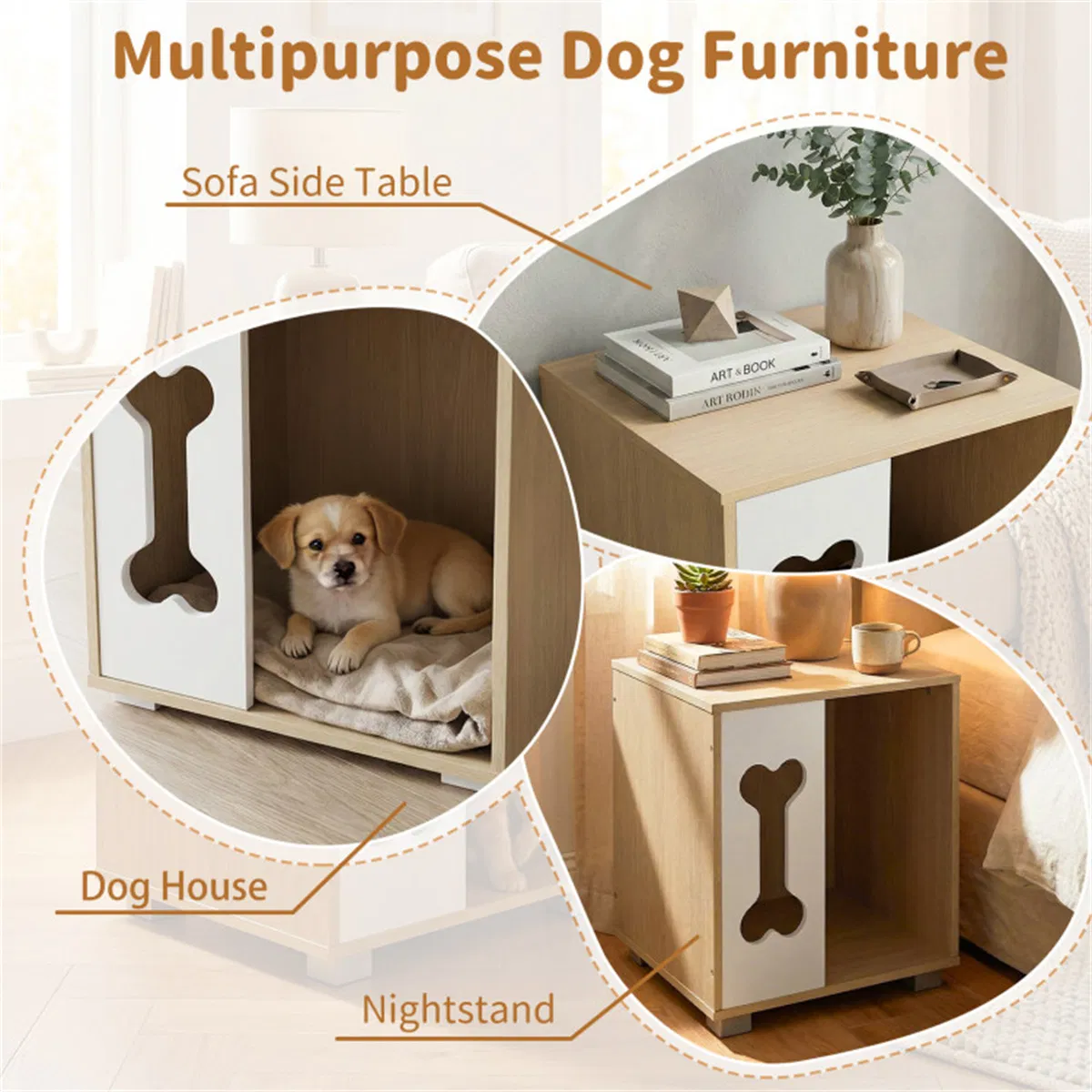 Cat Dog House Dog Bed Side Table Wooden Dog Condo with Bone-shape Window and Thick Metal Legs photo 6