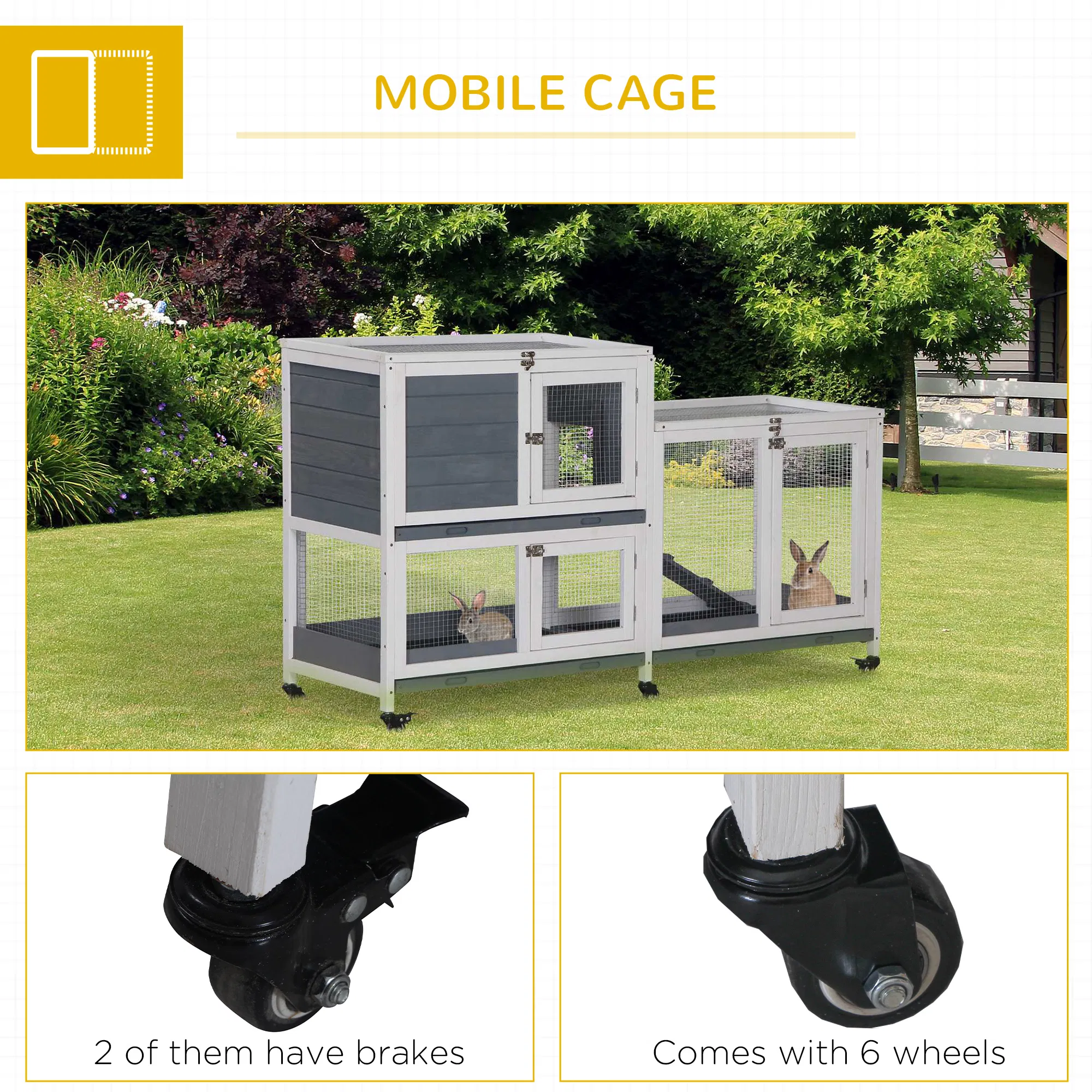 Wooden Rabbit Hutch Elevated Pet House Bunny Cage Small Animal Habitat with Slide-out Tray Lockable Door Openable Top for Indoor 58" x 18" x 35" Grey photo 6
