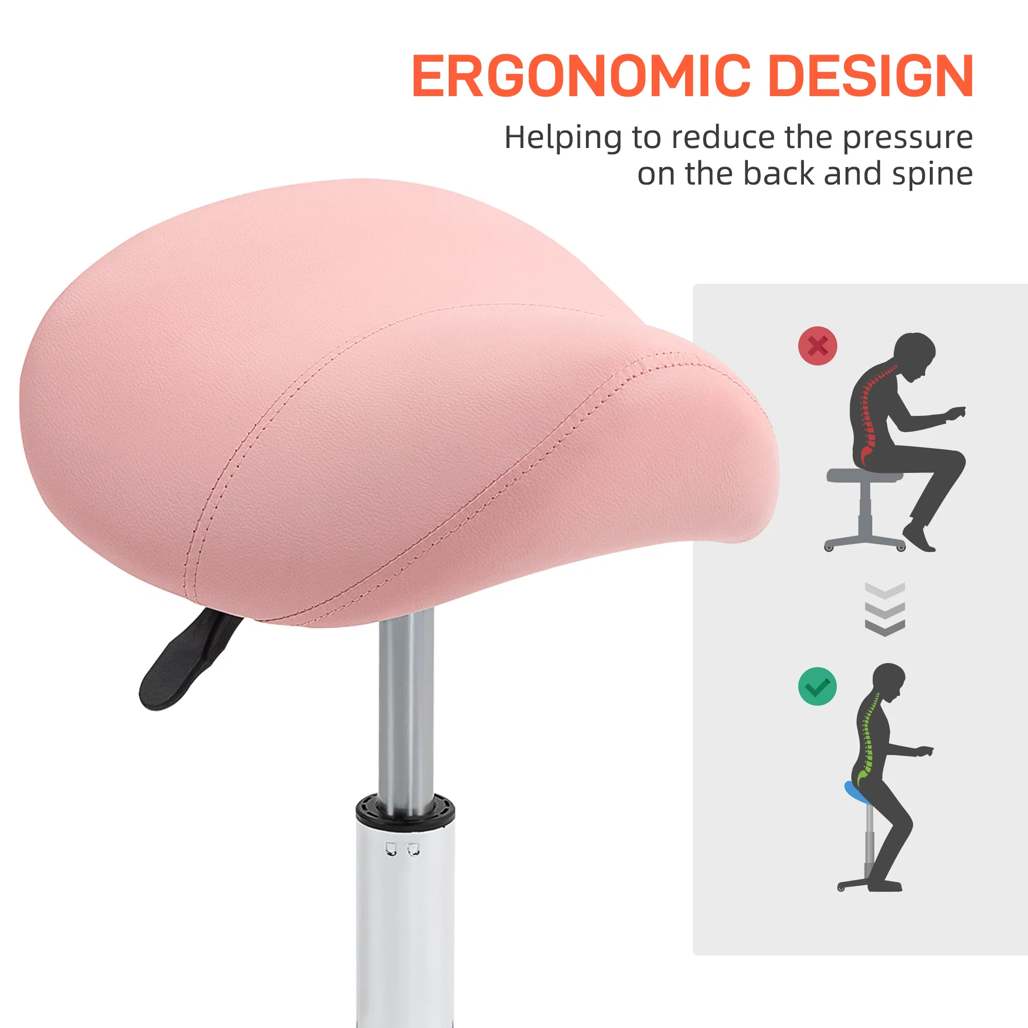 Cosmetic Stool Rotate Height Adjustable Salon Massage Spa Chair Hydraulic Rolling Faux Leather Saddle Stool, Pink photo 6