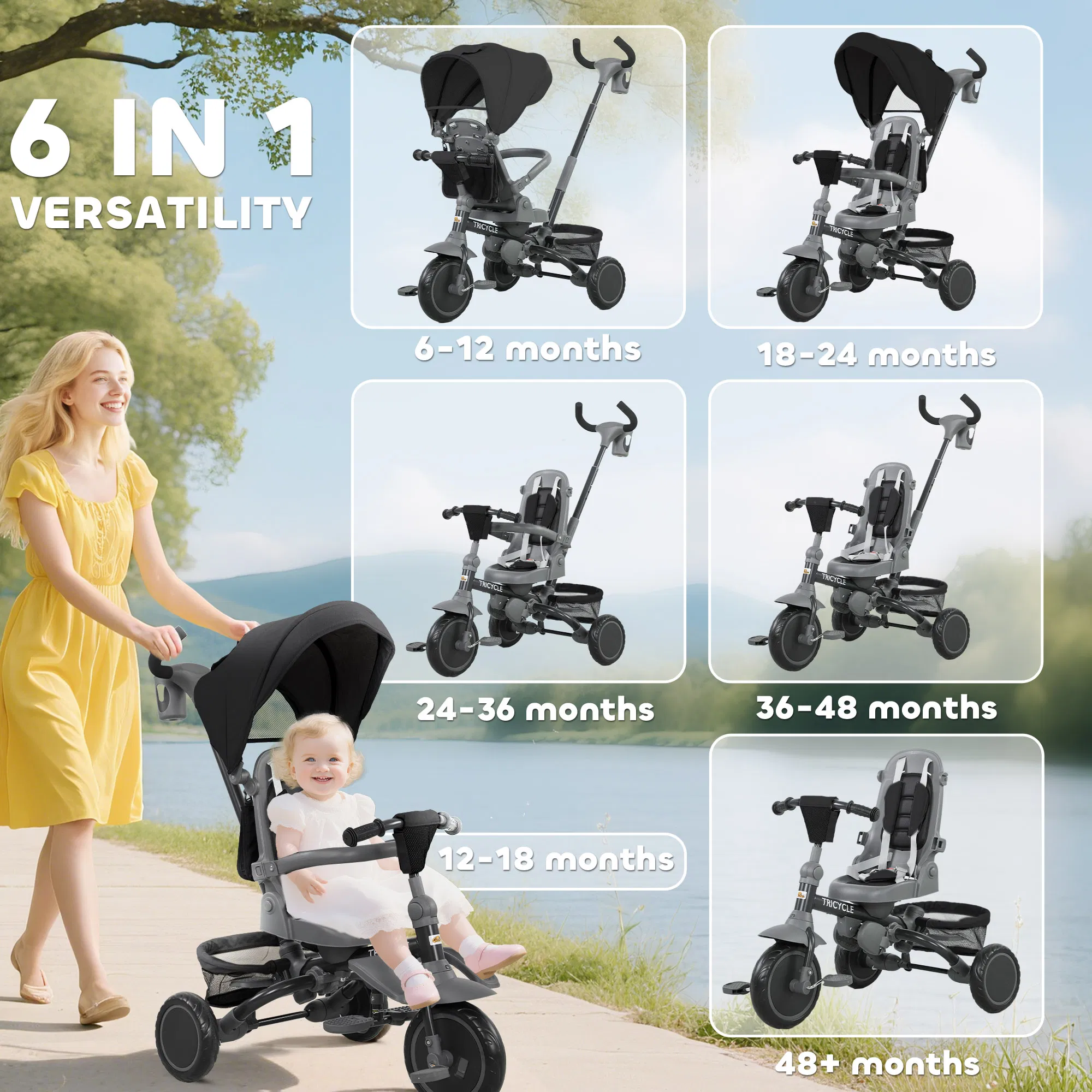 6 in 1 Toddler Tricycle for 1-5 Years Old with Push Handle, Removable Canopy, Rotatable Seat, Black photo 5