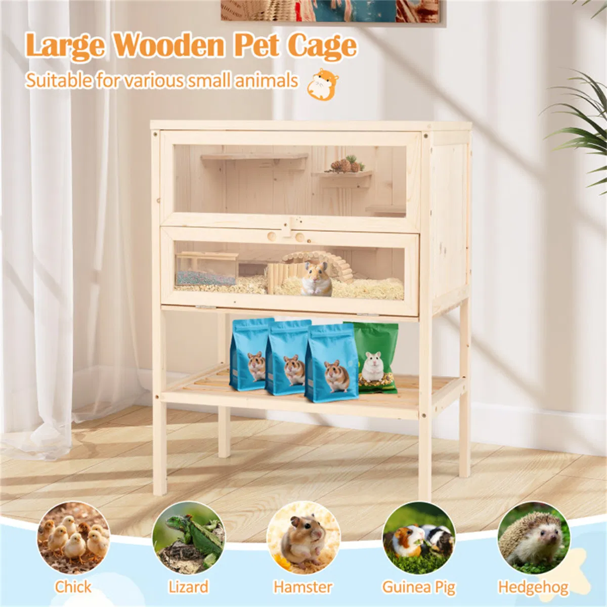 31.5 " Fir Wood Hamster Cage with Flip Mesh Roof, Multi-Level Activity Areas & Bottom Storage Shelf photo 6