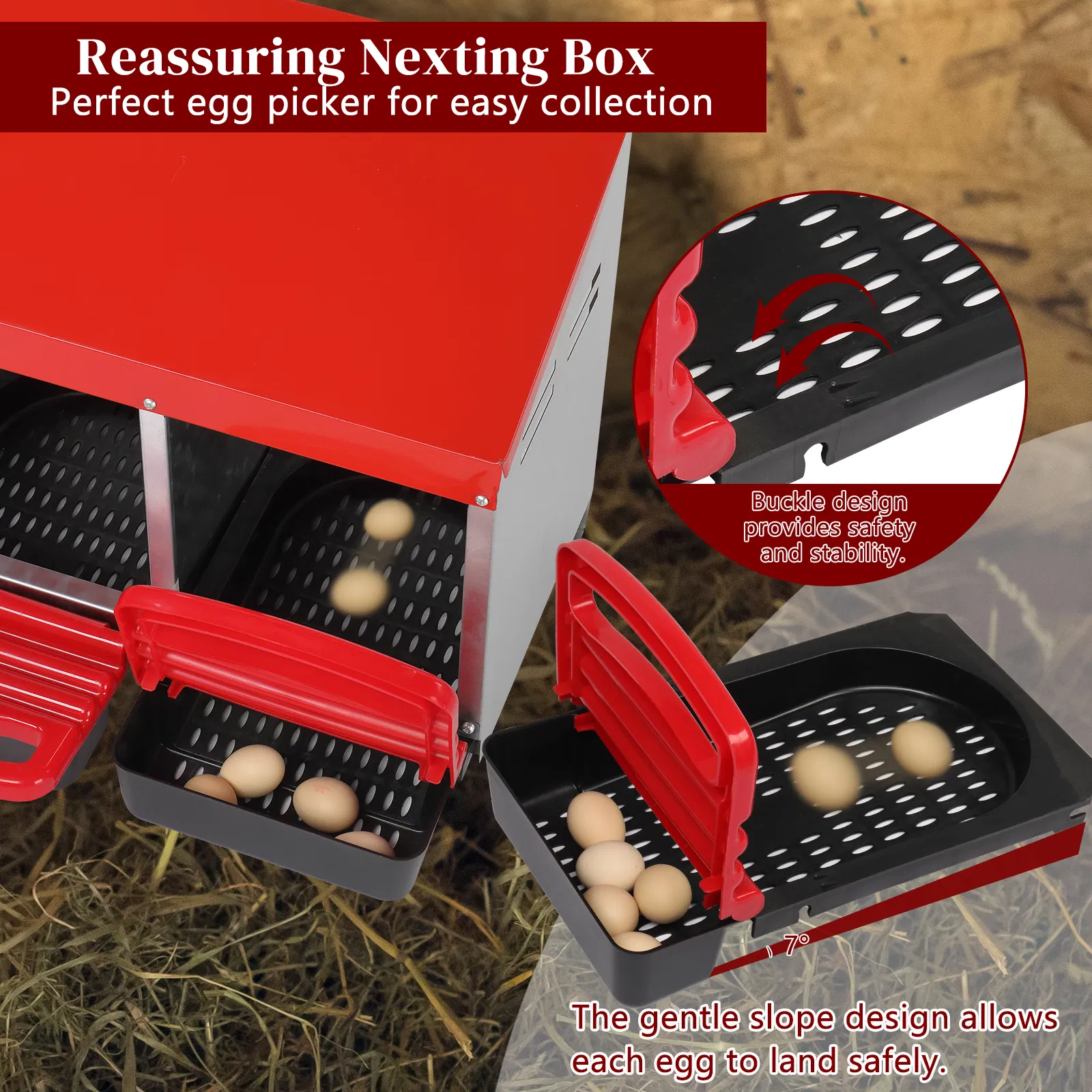 3 Compartment Roll Out Chicken Nesting Box with Plastic Basket, Egg Nest Box Chicken Laying Box Hens Chicken Coop Box, Red photo 7