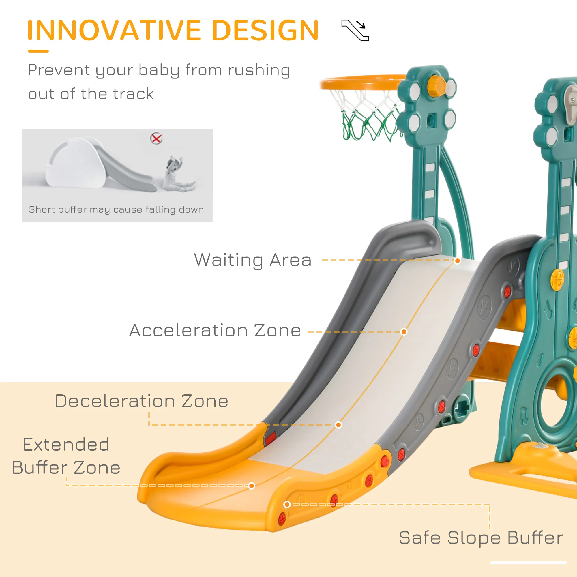 4-in-1 Kids Slide and Swing Set with Basketball Hoop and Adjustable Seat Height, Toddler Play Climber Slide Playset for Indoor and Outdoor Playground Activity Center photo 6
