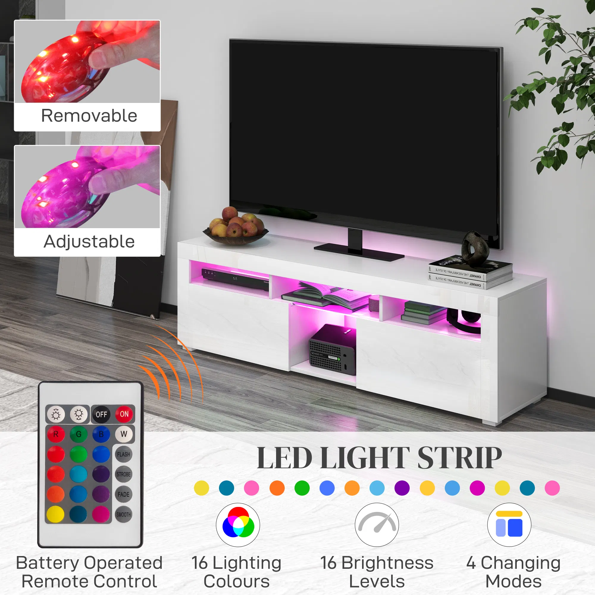 Modern TV Stand with Storage and LED Lights for TVs up to 55", TV Cabinet with Open Compartments, High Gloss White photo 5