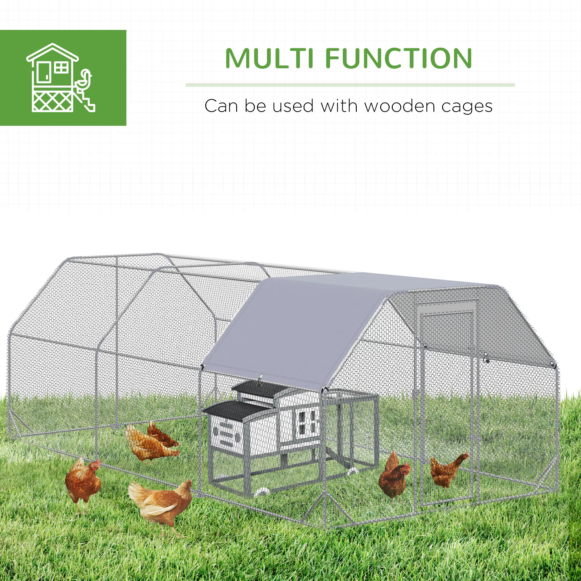Chicken Run, Galvanized Large Metal Chicken Coop Cage, Walk-in Enclosure Poultry Hen Run House Playpen Rabbit Hutch with Flat Roof, Cover, 9.2' x 18.7' x 6.5', Silver photo 2