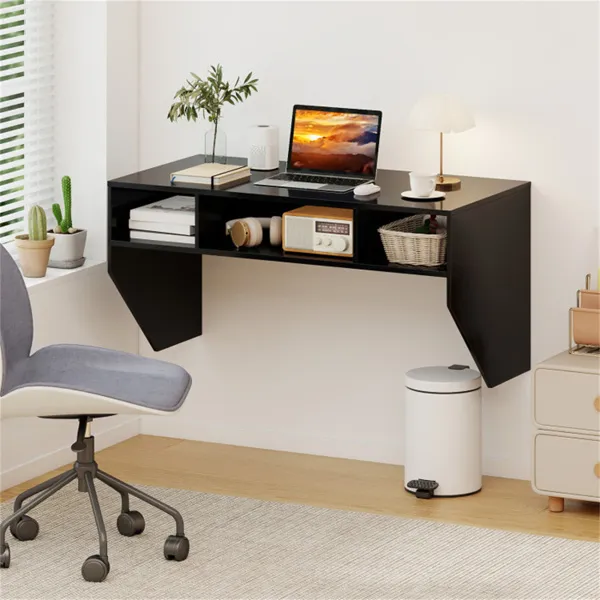Black Wall-Mounted Floating Computer Desk with 3-Cube Storage, Sturdy Wooden Workstation for Home Office photo 4