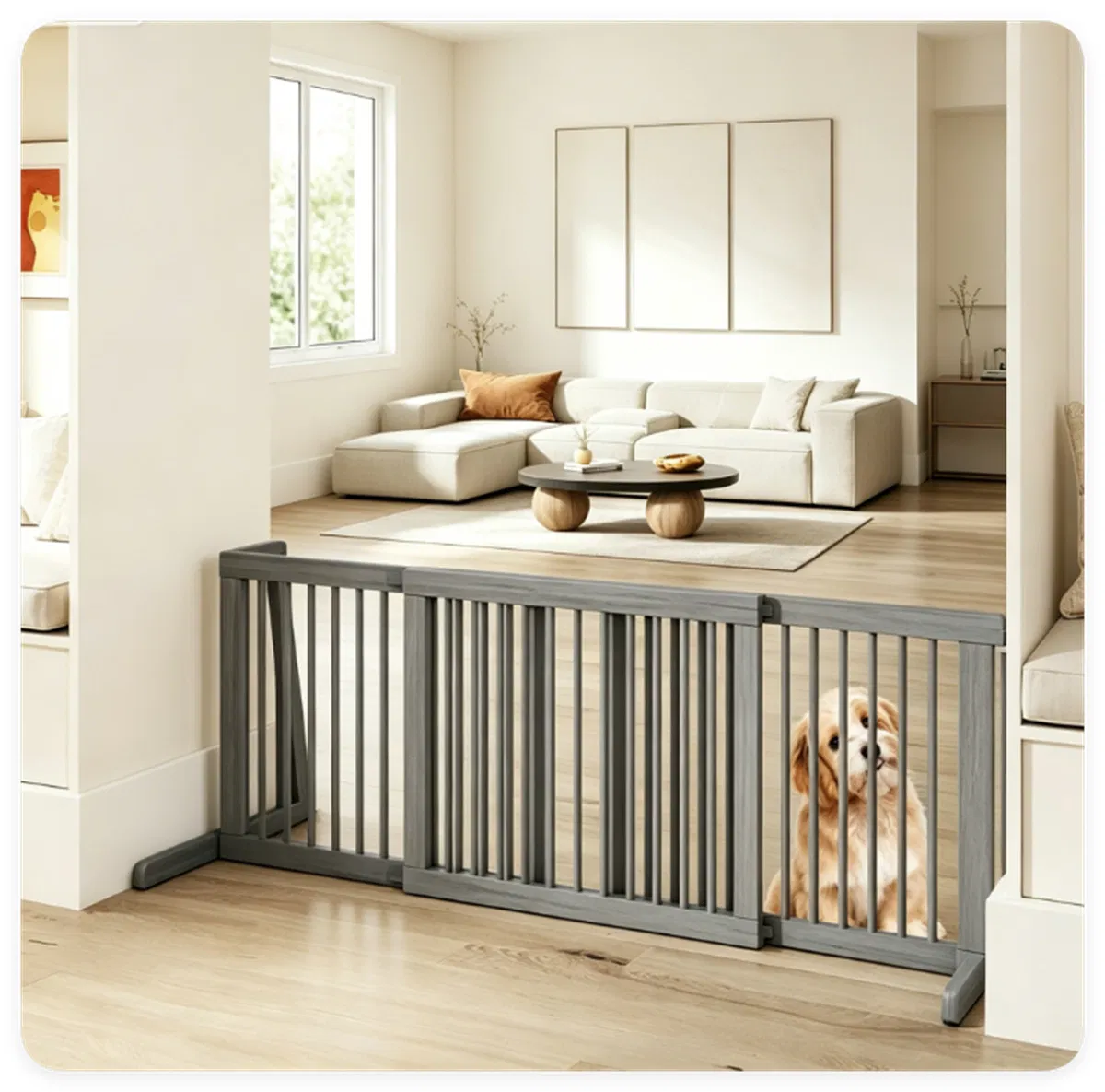 Adjustable Expandable Wooden Pet Gate 22 Inch Tall Freestanding Safety Fence, Gray Pine Wood Slide Dog Gate Easy Assembly for Home & Office Entryways photo 3