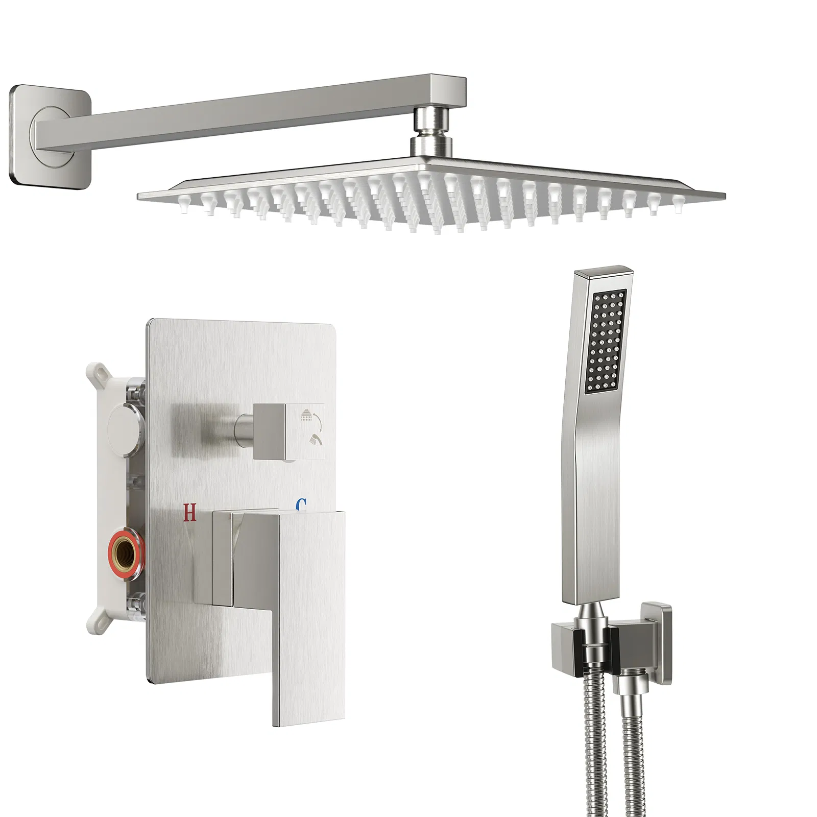 Wall-mounted shower faucet set - 10-12inch square overhead spray + handheld shower head with pressure balance and temperature control valve photo 1