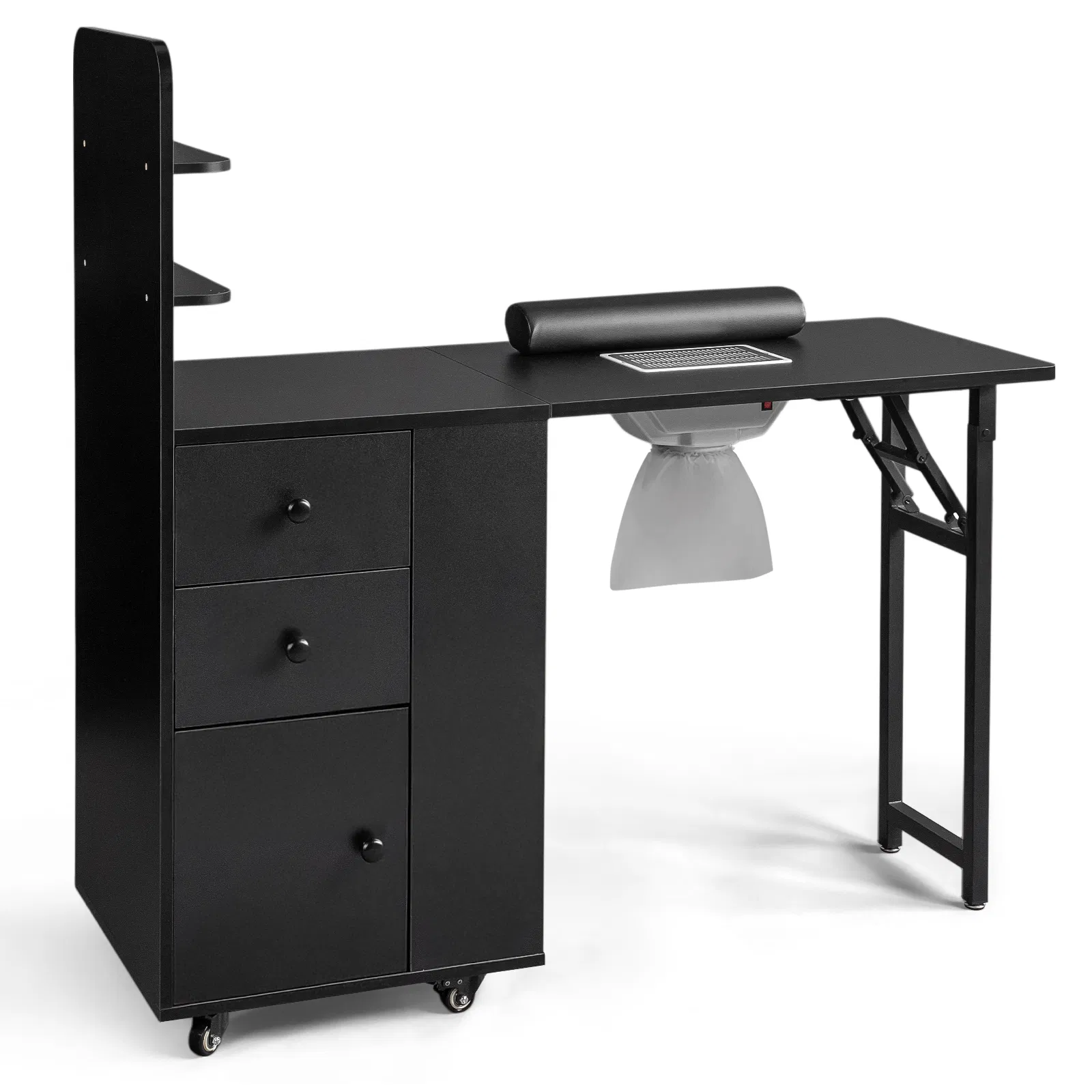 Black MDF Folding Nail Desk with 2 Drawers, Cabinet Door & Storage Shelf photo 1