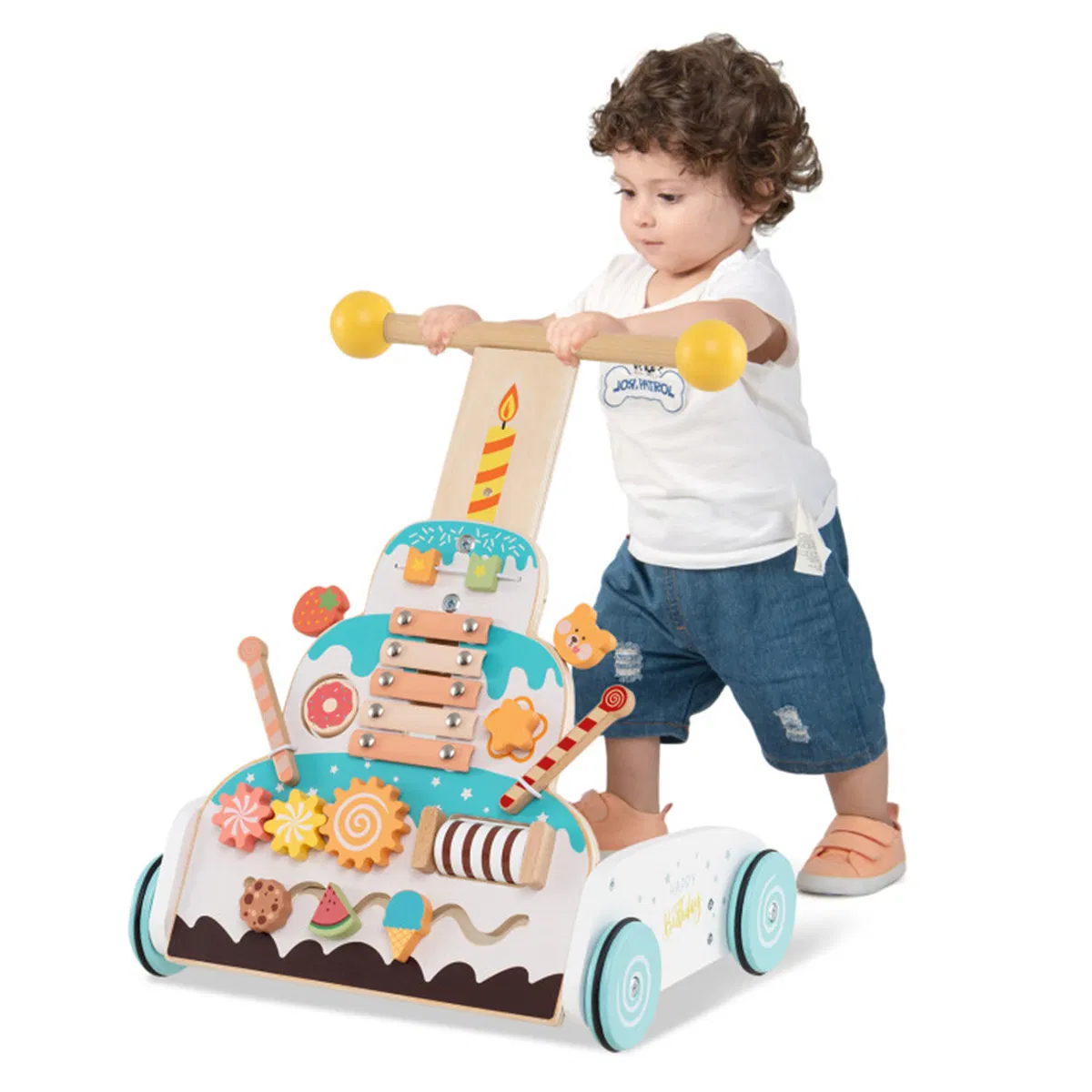 Wooden Baby Walker with 3-Position Adjustable Heights and Smooth Wheels photo 6