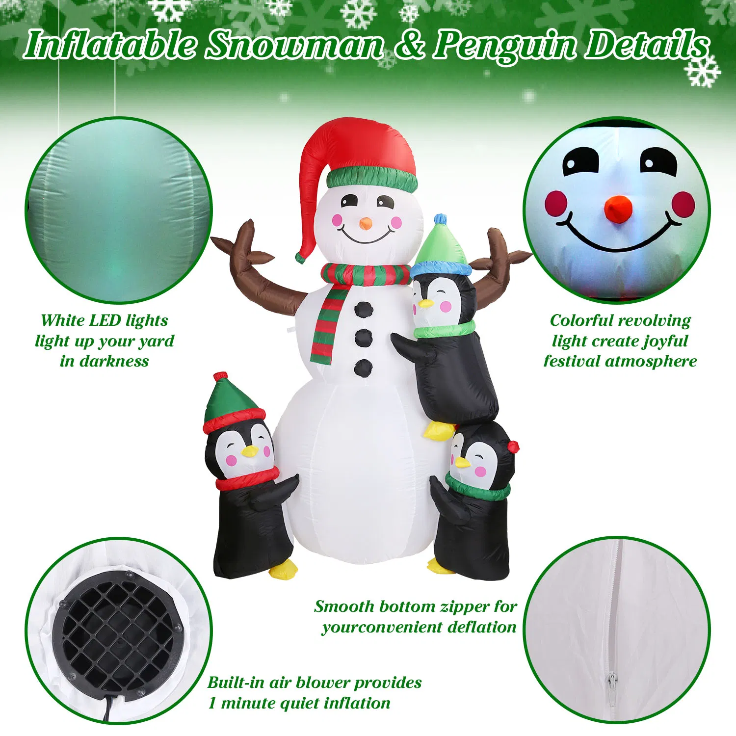5.9FT Christmas Inflatable Decoration - Snowman & 3 Penguins with 5 LED Lights Includes Stakes/Ropes/Sandbags for Yard, Garden, Outdoor Indoor Decor photo 4