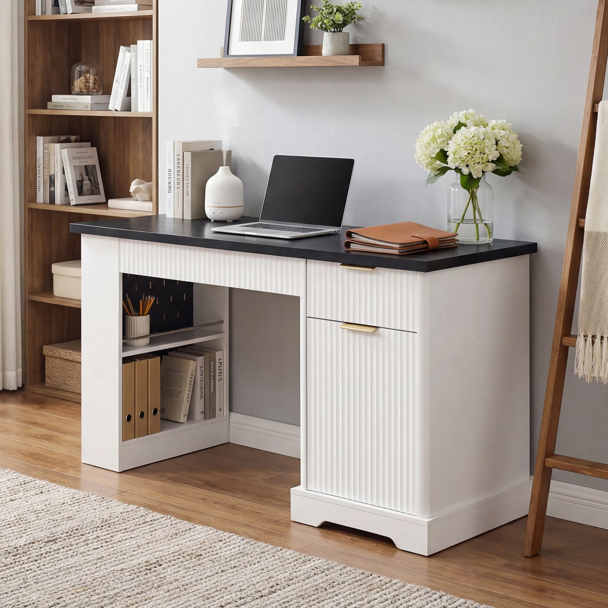 55" Modern Fluted Office Desk with Storage Cabinet & Drawers, Computer Writing Desk with Power Outlet, Pegboard, Built-in Shelves and Keyboard Tray for Study, Living Room, Home Office, White photo 6