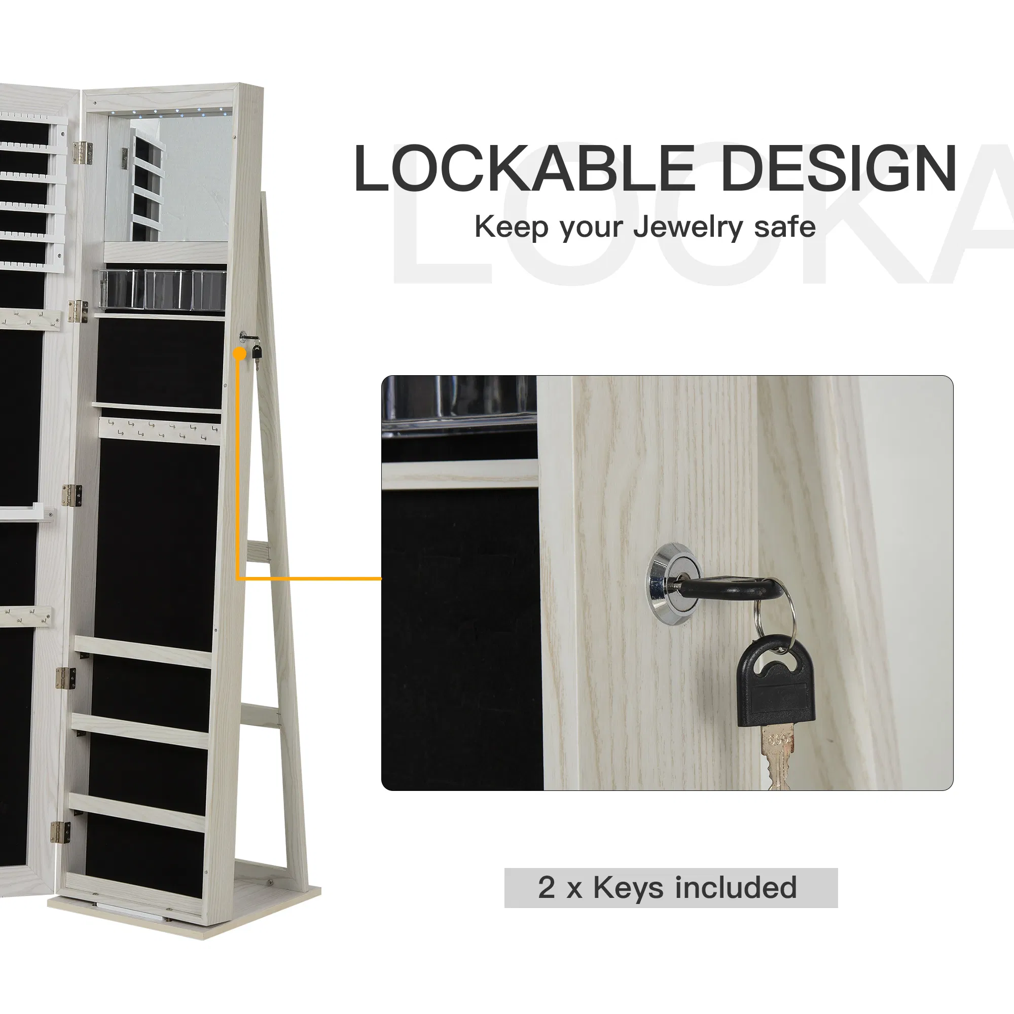 Lockable Jewelry Cabinet Standing Armoire Full Length Mirror LED Lights White Jewelry Organizer photo 6