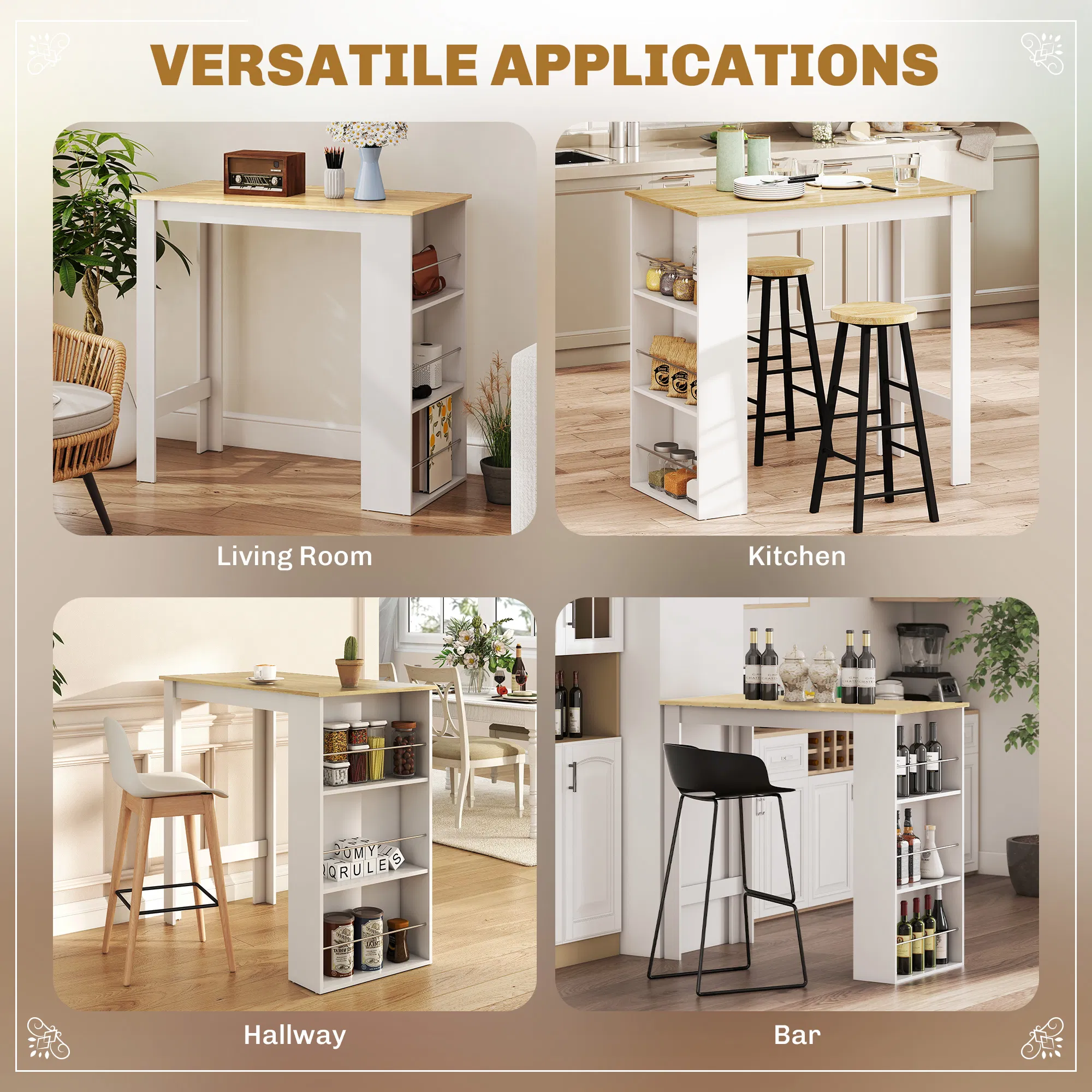 Bar Table Counter Height Dining Table with 3 Storage Shelves for Kitchen, Dining Room, Living Room, White photo 3