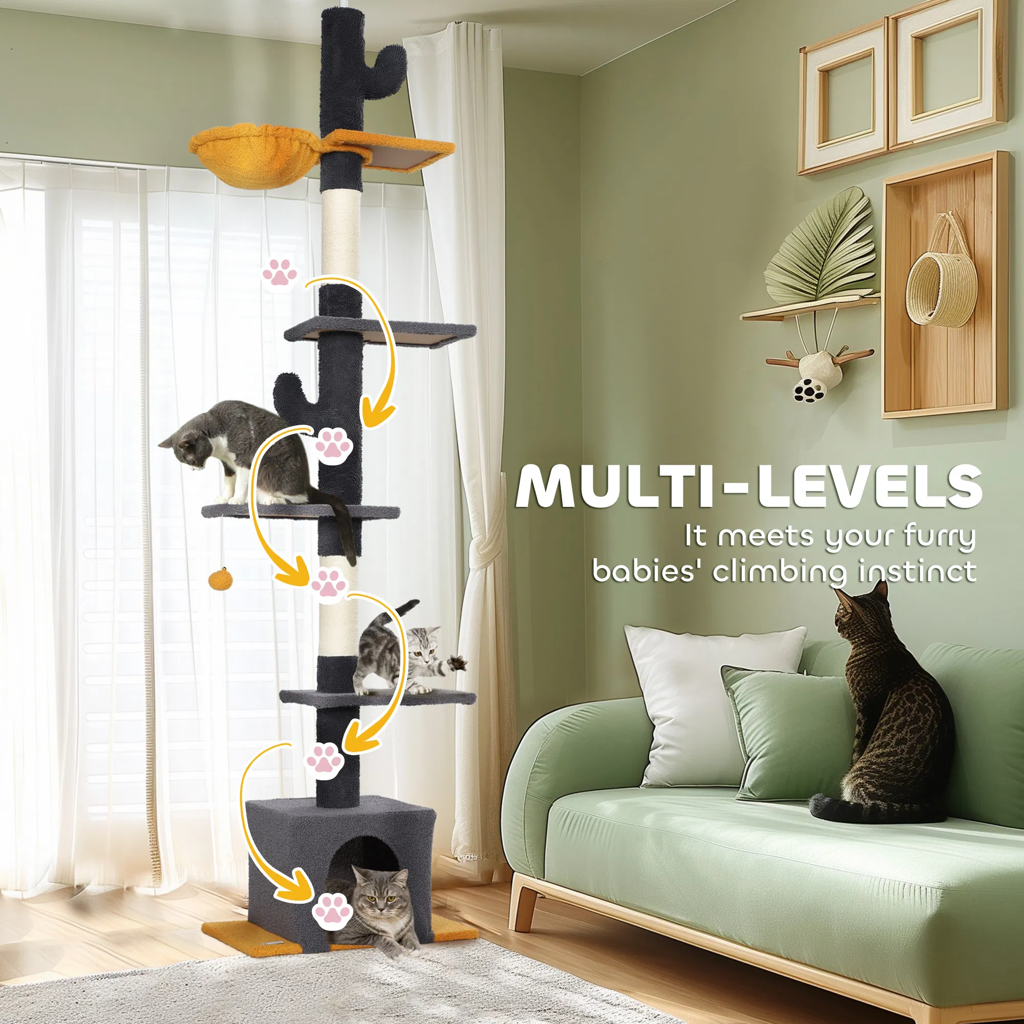 Floor to Ceiling Cat TreeTower with 90.5"-108" Adjustable Height, Scratching Posts, Hammock, Condo, Toy Ball, Dark Grey photo 5