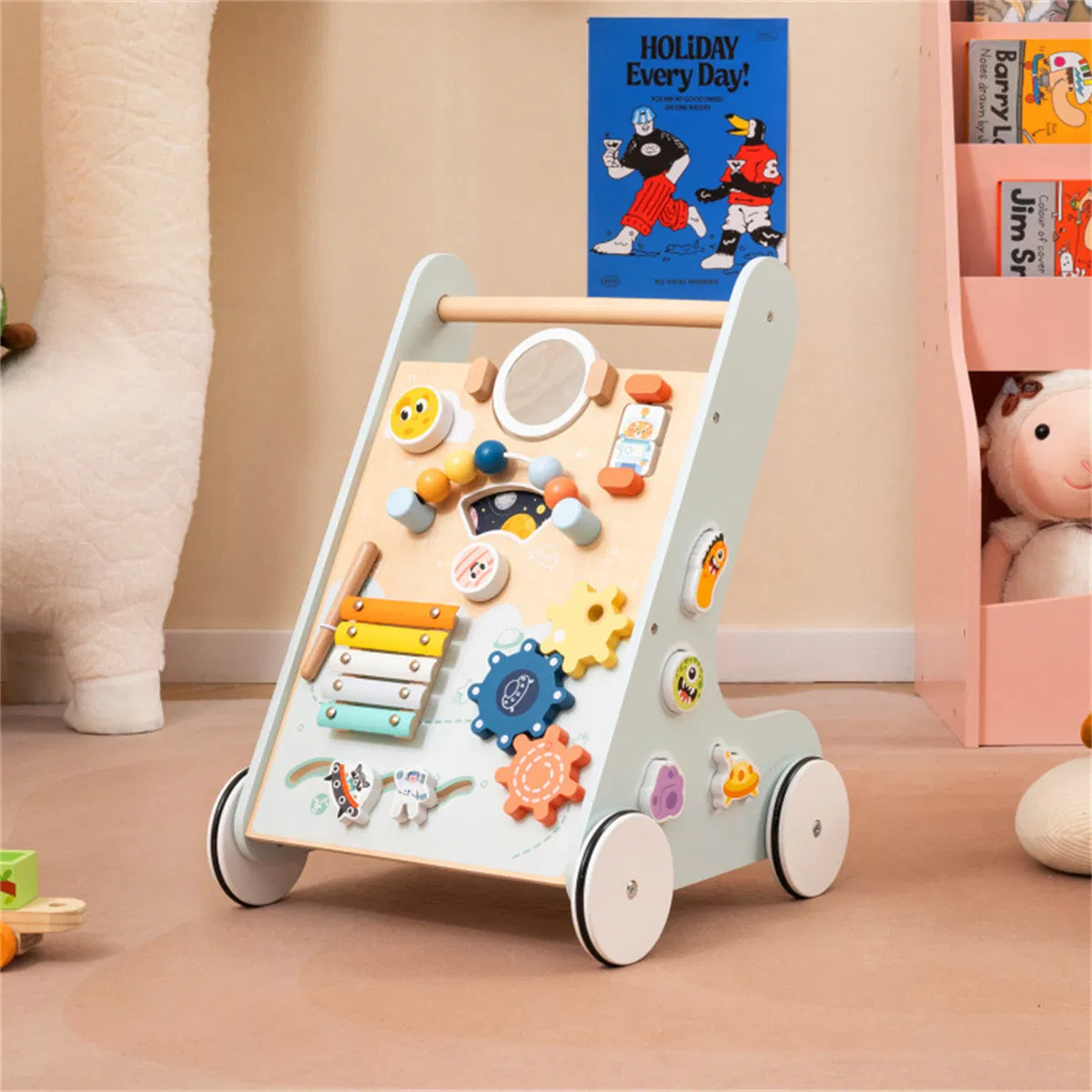 8-in-1 Wooden Baby Walker Push and Pull Learning Activity Center with Wheels for Toddlers 1+ Years Old photo 4