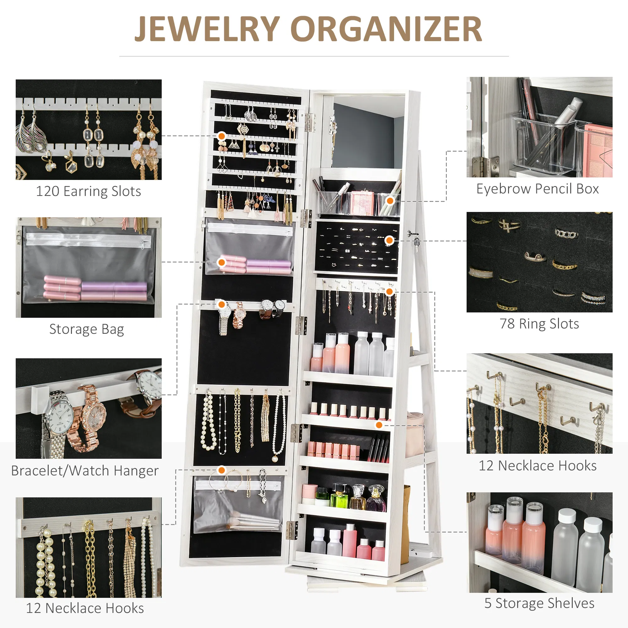 360 Swivel Jewelry Cabinet with Full Length Mirror Lockable Organizer White photo 3