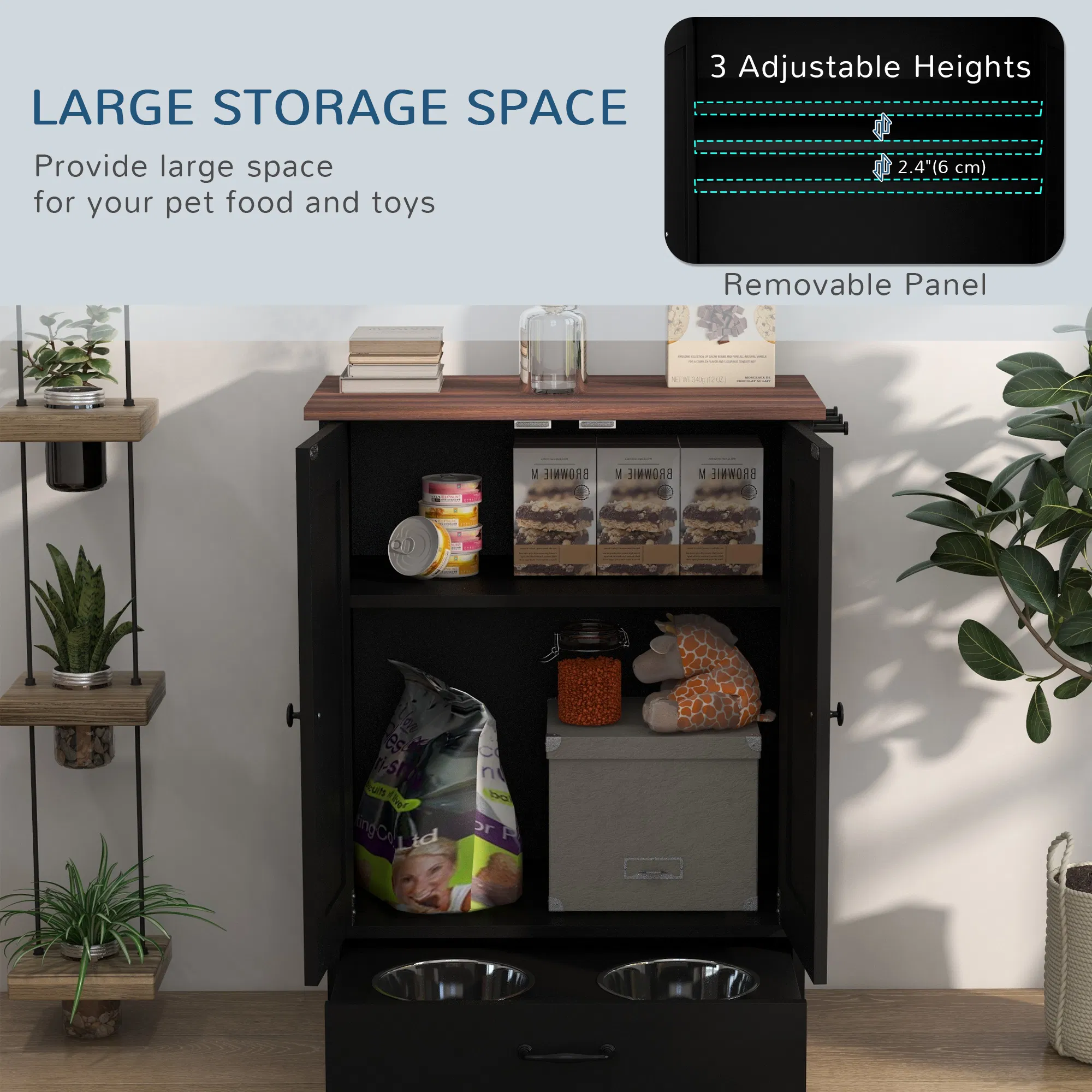 Pet Food Storage Container Dog Feeding Station w/ Adjustable Panel, Hooks, for Medium Sized Dogs, Black photo 6