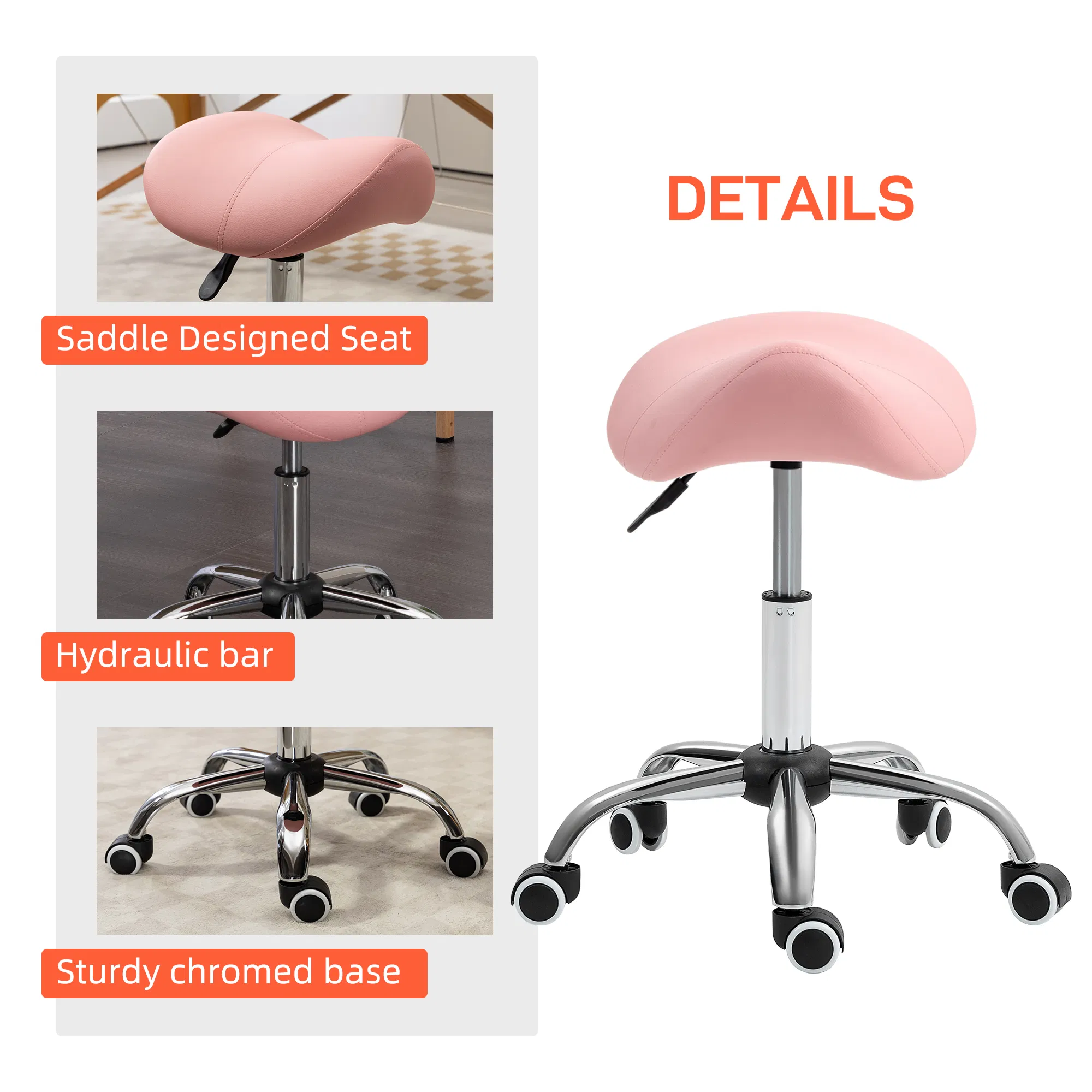 Cosmetic Stool Rotate Height Adjustable Salon Massage Spa Chair Hydraulic Rolling Faux Leather Saddle Stool, Pink photo 2