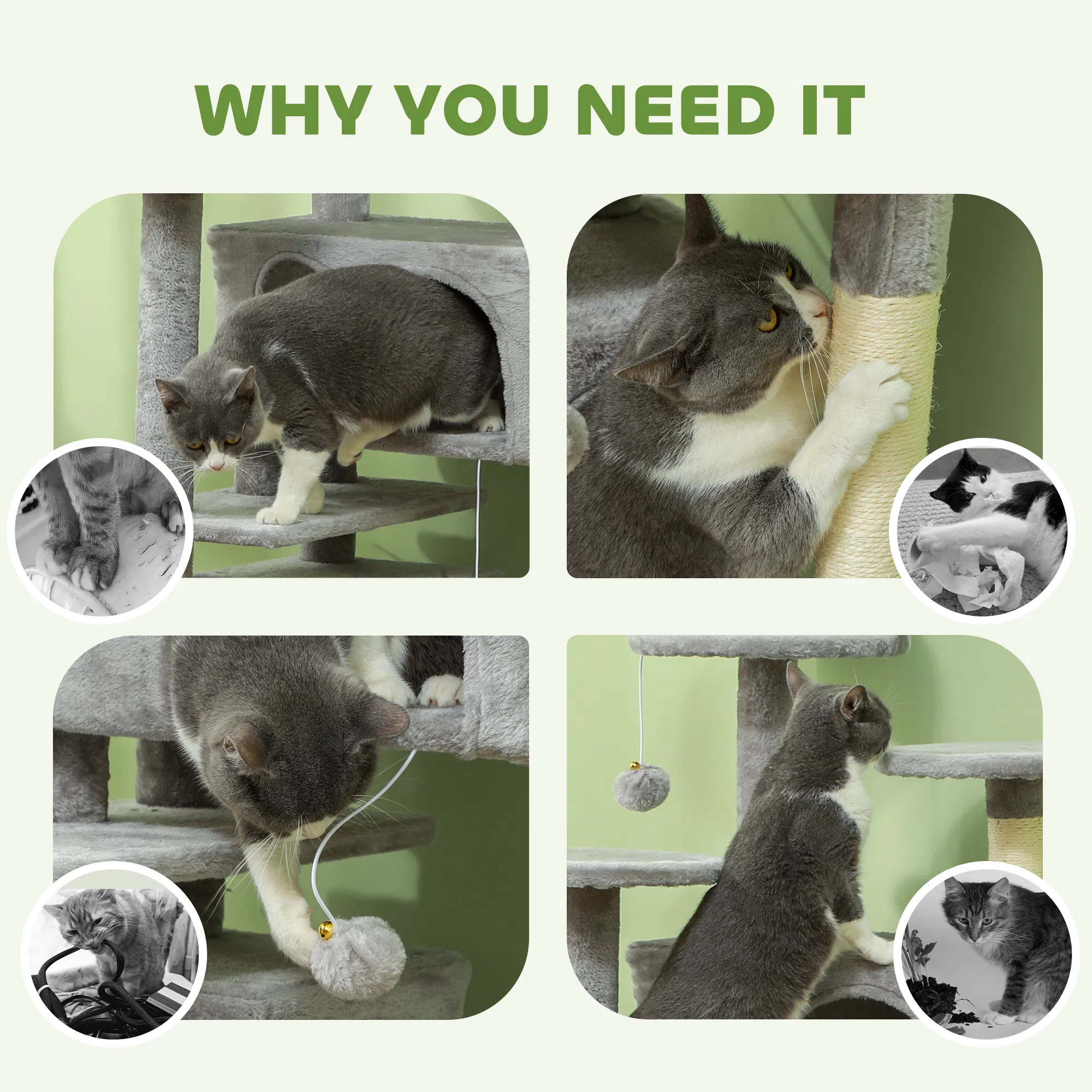54" Cat Tree, Multi-Level Cat Tower with Scratching Posts, Cat Condos, Bed, Platforms, Ramp, Toy Ball, Light Grey photo 2