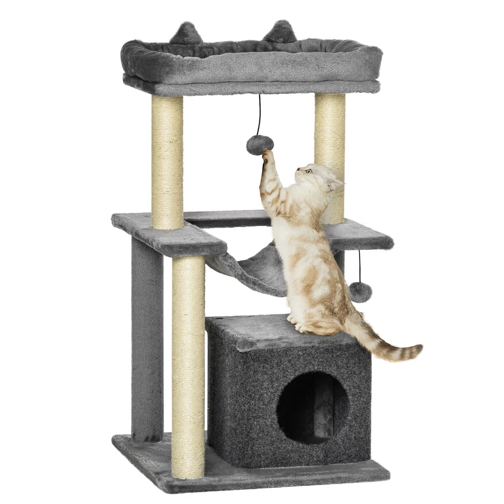 39.25'' Cat Tree Tower Multi-Level Kitten House with Scratching Post Condo Hammock Bed Ball Toy - Gray photo 7