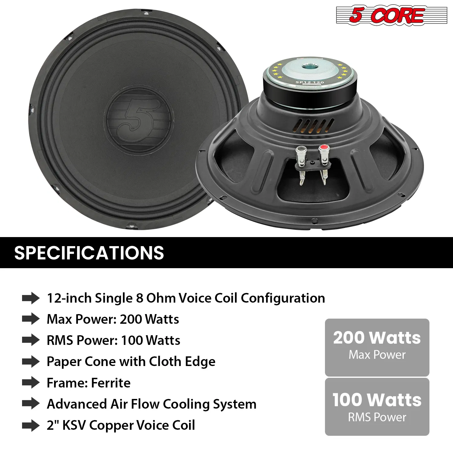 5 Core 12 Inch Speaker Car Audio 200W Powerful Replacement Component Driver 4/8 Ohm Loudspeaker System photo 2